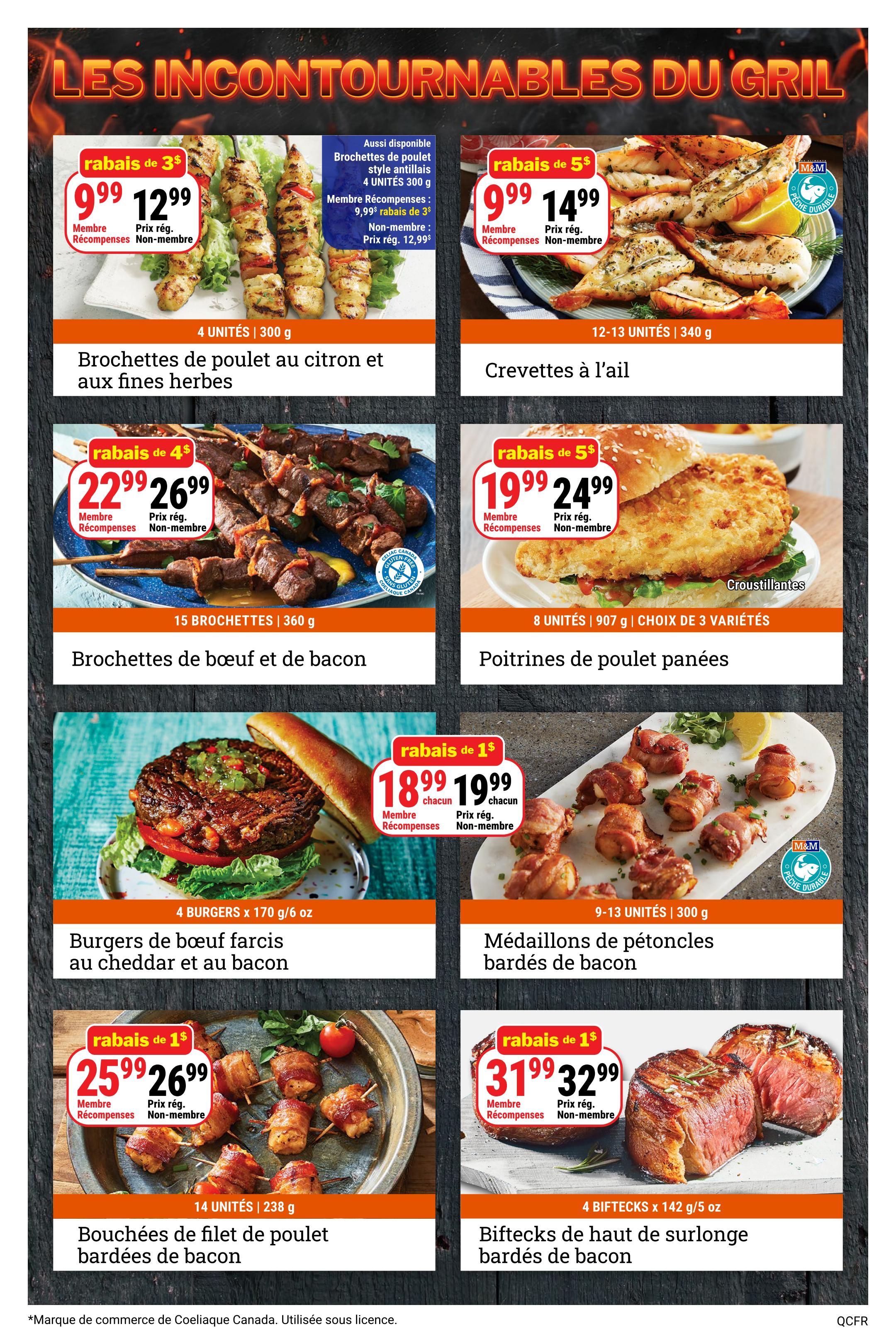 M&M Food Market weekly flyer specials page 5, featuring 'Les Incontournables du Gril' (The Grill Must-Haves). Offers include: 4 units of Lemon and Herb Chicken Skewers for $9.99 (member price) or $12.99 (regular price), a $3 discount. 12-13 units of Garlic Shrimp for $9.99 (member price) or $14.99 (regular price), a $5 discount. 15 brochettes of Beef and Bacon for $22.99 (member price) or $26.99 (regular price), a $4 discount. 8 units of Breaded Chicken Fillets in 3 varieties for $19.99 (member price) or $24.99 (regular price), a $5 discount. 4 Burgers x 170 g/6 oz of Cheddar and Bacon Stuffed Beef Burgers for $18.99 each (member price) or $19.99 each (regular price), a $1 discount per item. 9-13 units of Bacon-Wrapped Scallop Medallions for $25.99 (member price) or $26.99 (regular price), a $1 discount. 4 Sirloin Steaks x 142 g/5 oz of Bacon-Wrapped Sirloin Steaks for $31.99 (member price) or $32.99 (regular price), a $1 discount.