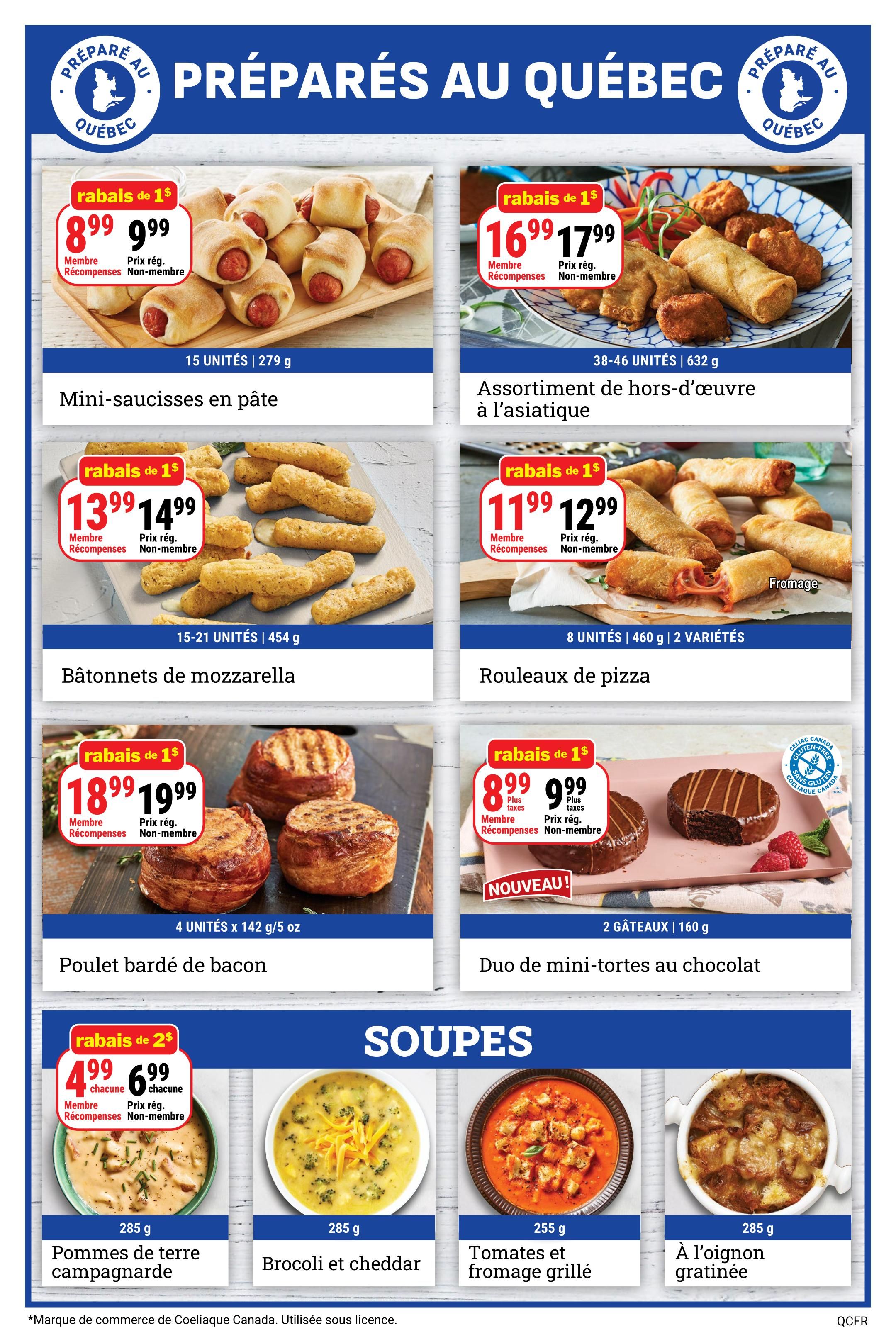 M&M Food Market Quebec flyer page 6 features prepared foods and soups. Top row includes Mini sausages in pastry for $8.99 (member) / $9.99 (non-member), and Asian-inspired appetizer assortment for $16.99 (member) / $17.99 (non-member). Middle row showcases Mozzarella sticks for $13.99 (member) / $14.99 (non-member), Pizza rolls for $11.99 (member) / $12.99 (non-member), Bacon-wrapped chicken for $18.99 (member) / $19.99 (non-member), and a New! Duo of mini chocolate cakes for $8.99 (member) / $9.99 (non-member) plus taxes. Bottom row features soups: Country-style potato for $4.99 each (member) / $6.99 each (non-member), Broccoli and cheddar for $4.99 each (member) / $6.99 each (non-member), Grilled tomato and cheese for $4.99 each (member) / $6.99 each (non-member), and Gratinéed onion for $4.99 each (member) / $6.99 each (non-member). A note indicates that Coeliac Canada trademark is used under license.
