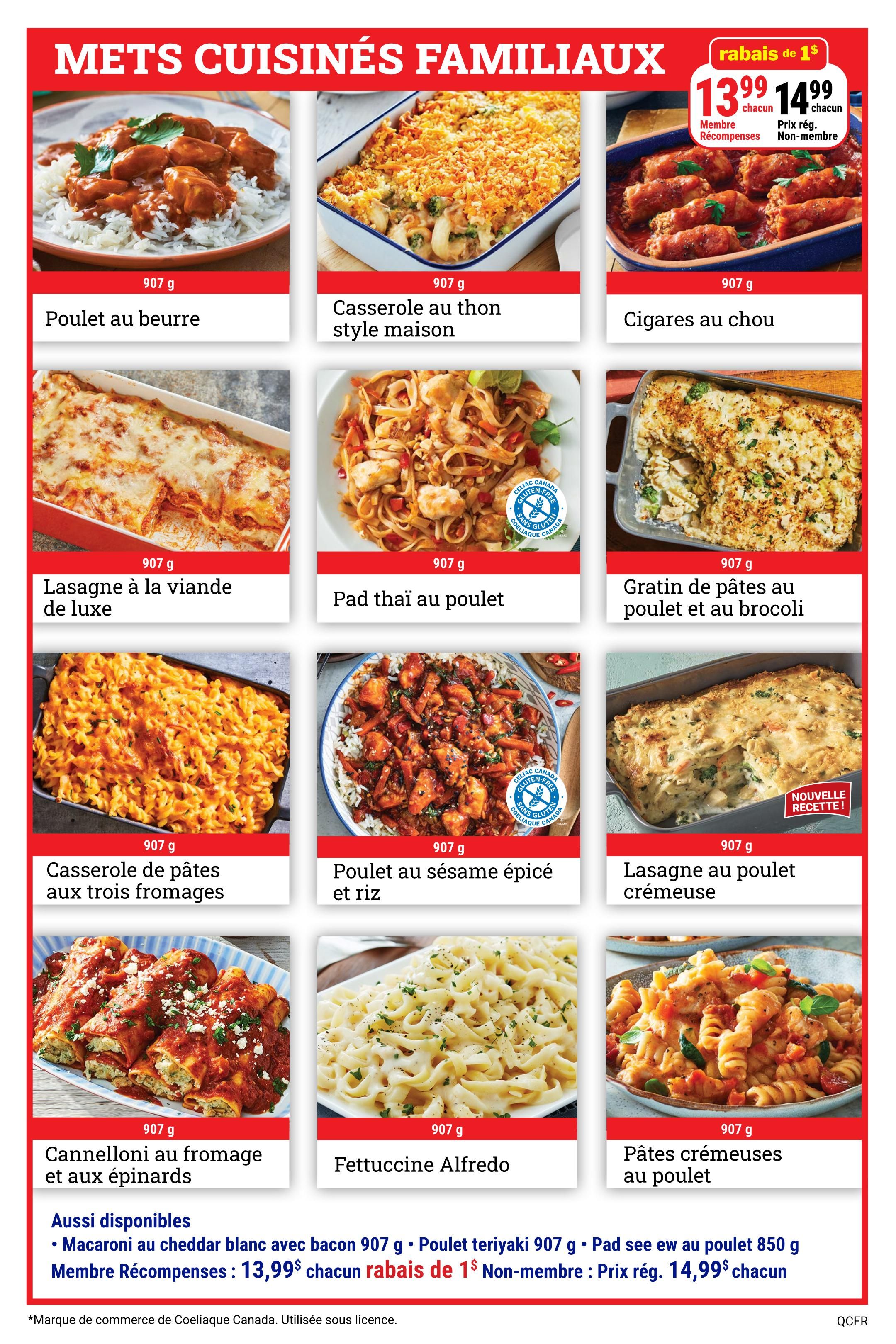 M&M Food Market weekly flyer specials page 7 features a variety of family-sized prepared meals. Featured items include Butter Chicken with rice for $13.99, Tuna Casserole for $13.99, and Cabbage Rolls for $13.99. Other meals available are Lasagna with Veal, Chicken Pad Thai, and Pasta Bake with Broccoli, all priced at $13.99. Also shown are Three Cheese Pasta Bake, Spicy Sesame Chicken with Rice, Creamy Chicken Lasagna, and Spinach and Cheese Cannelloni, each for $13.99. Fettuccine Alfredo is also available for $13.99. Additionally, Macaroni with Bacon, Teriyaki Chicken, and Pad See Ew are available. Members receive a $1 discount, paying $13.99, while non-members pay the regular price of $14.99 for select items.