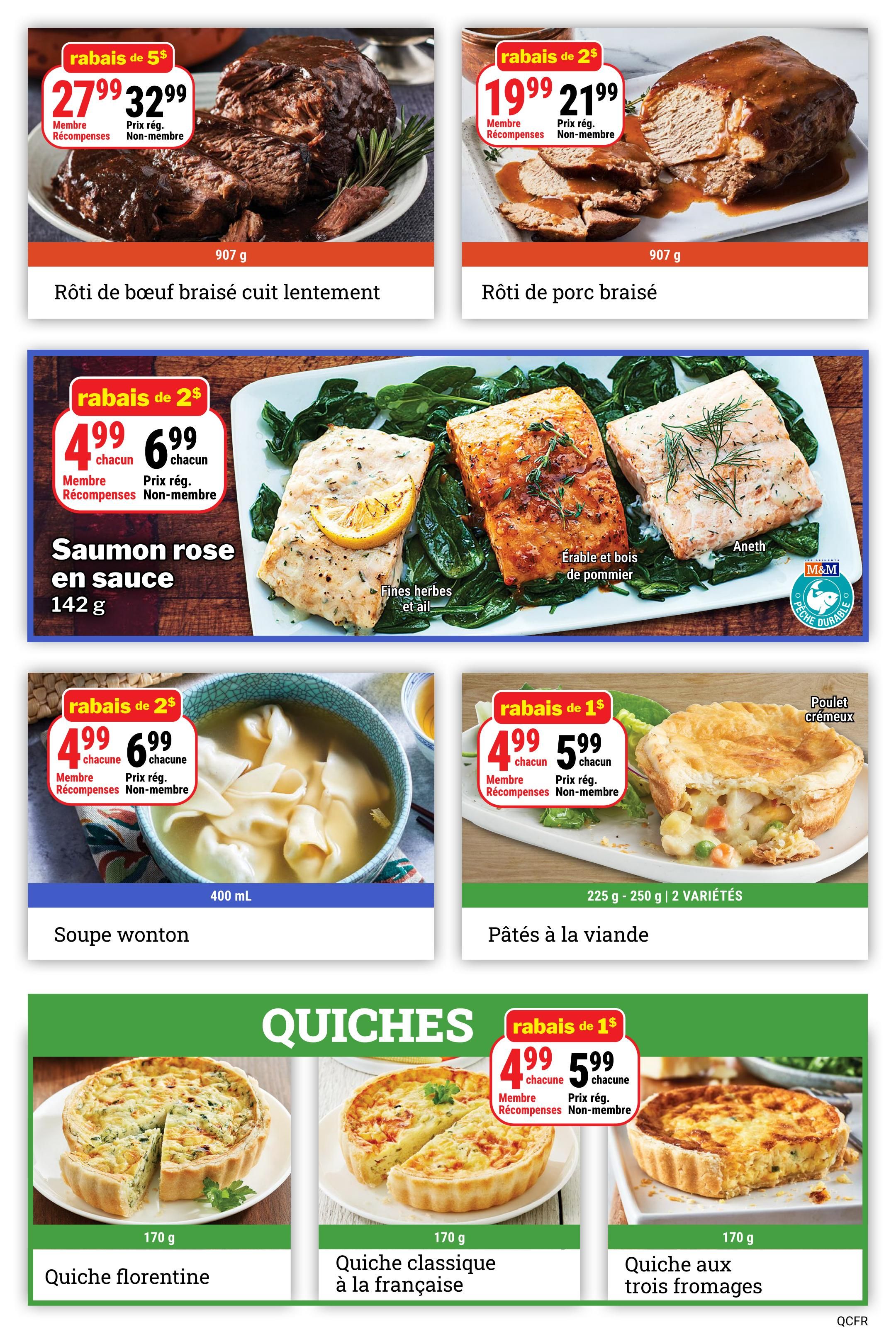 M&M Food Market weekly flyer specials page 8. Featured items include slow-cooked braised beef roast for $27.99 for members and $32.99 for non-members, a $5 discount. Also, braised pork roast is $19.99 for members and $21.99 for non-members, a $2 discount. Pink salmon in sauce is $4.99 each for members and $6.99 each for non-members, a $2 discount. The salmon is described as 'Fines herbes et ail' (herbs and garlic) and 'Érable et bois de pommier' (maple and applewood). Wonton soup is $4.99 each for members and $6.99 each for non-members, a $2 discount, available in 400 mL. Creamy chicken pot pie is $4.99 each for members and $5.99 each for non-members, a $1 discount, available in 225 g - 250 g in 2 varieties. The bottom section highlights quiches: Florentine quiche for 170 g, classic French quiche for 170 g, and three-cheese quiche for 170 g.