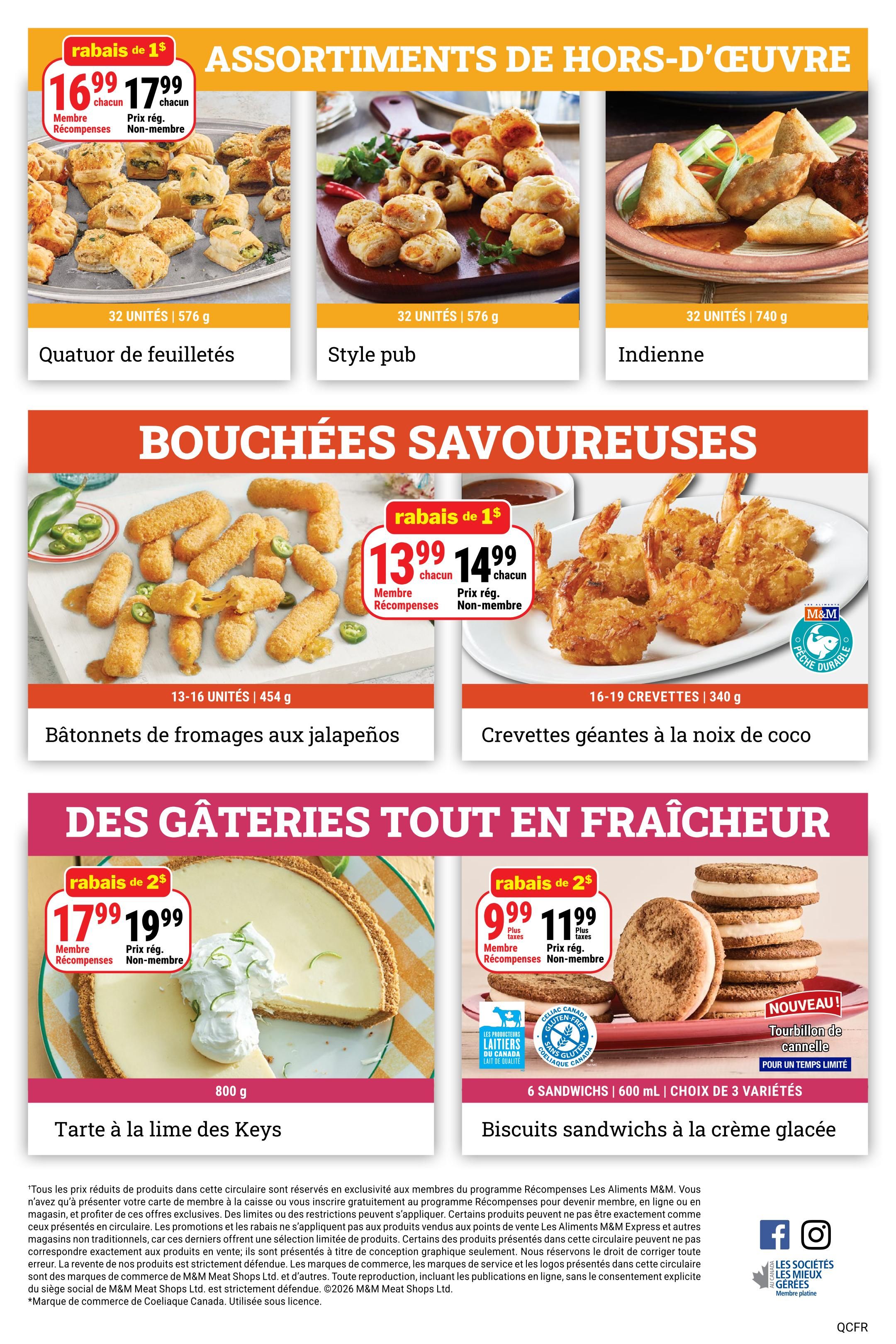 M&M Food Market Quebec flyer page 9 features appetizer assortments including 32 units of Quatuor de feuilletés for $16.99 (member price) or $17.99 (regular price), Style pub appetizers for $16.99 (member price) or $17.99 (regular price), and Indienne appetizers for $16.99 (member price) or $17.99 (regular price). Savoury bites include 13-16 units of Bâtonnets de fromages aux jalapeños for $13.99 (member price) or $14.99 (regular price), and 16-19 units of Crevettes géantes à la noix de coco for $13.99 (member price) or $14.99 (regular price). Desserts include a 800g Tarte à la lime des Keys for $17.99 (member price) or $19.99 (regular price), and a new limited time offer of 6 sandwiches or 600ml of Biscuits sandwichs à la crème glacée in 3 varieties for $9.99 (member price) or $11.99 (regular price).