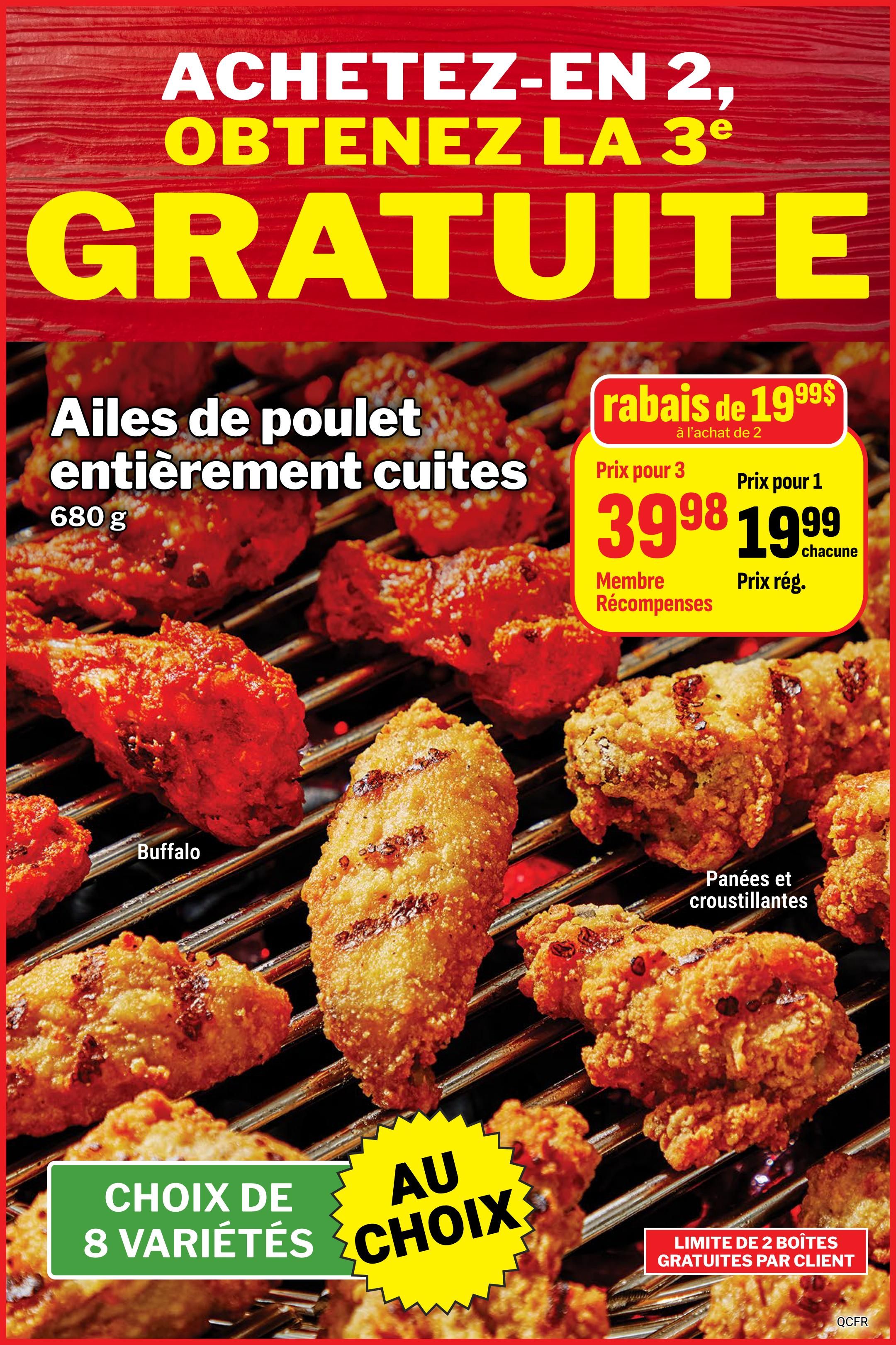 M&M Food Market flyer, page 10. Buy 2, get the 3rd FREE on fully cooked chicken wings, available in 8 varieties. Special offer: $19.99 discount when you buy 2. For Rewards members, get 3 for $39.98, or $19.99 each at the regular price. Featured varieties include Buffalo wings and breaded, crispy wings. Limit of 2 free boxes per customer. Valid from May 14 to May 20, 2026.