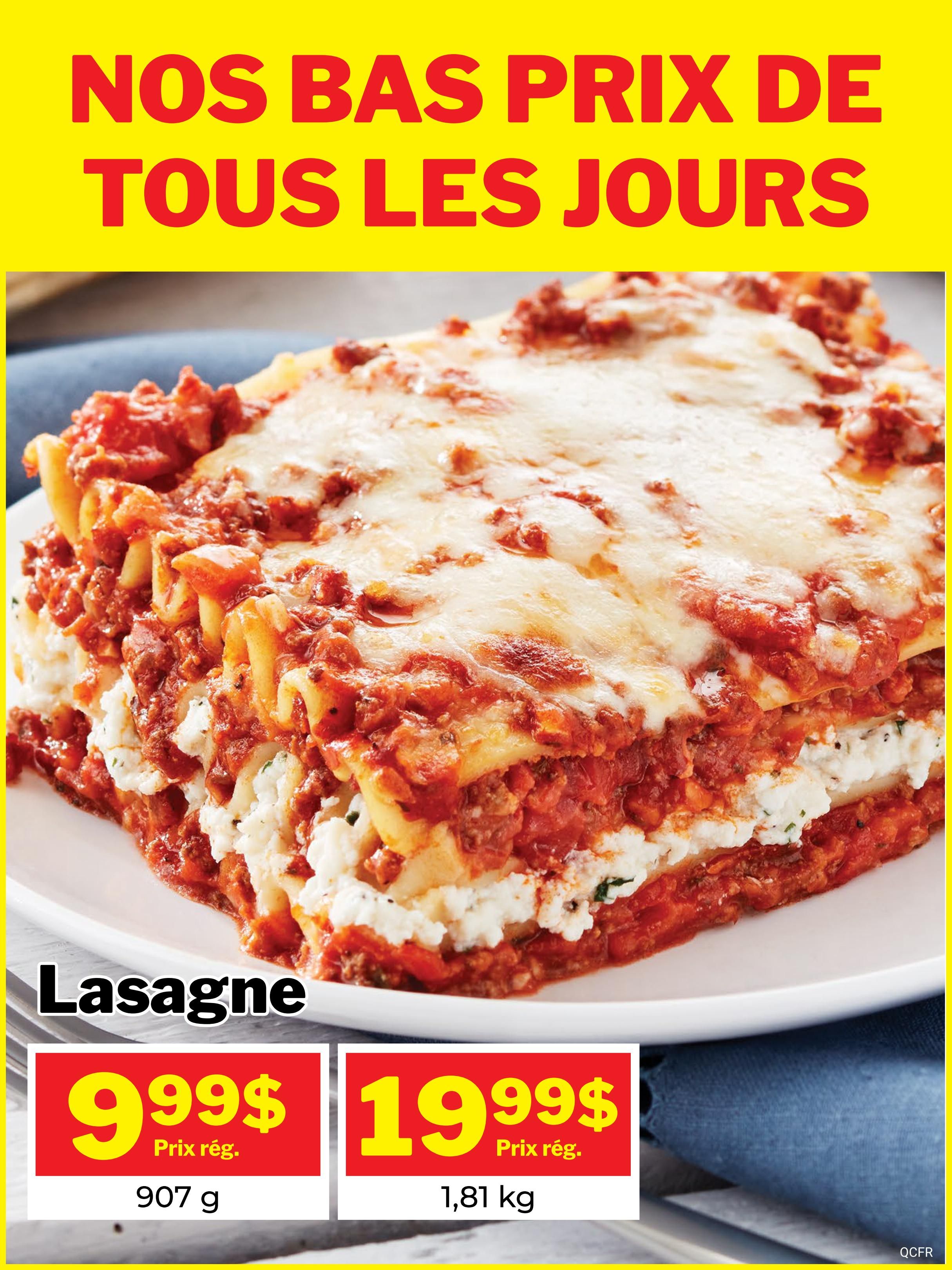 M&M Food Market weekly flyer specials page featuring Lasagna. Two sizes of lasagna are available: 907 g for $9.99 and 1.81 kg for $19.99. The text 'NOS BAS PRIX DE TOUS LES JOURS' translates to 'OUR LOW PRICES EVERY DAY.