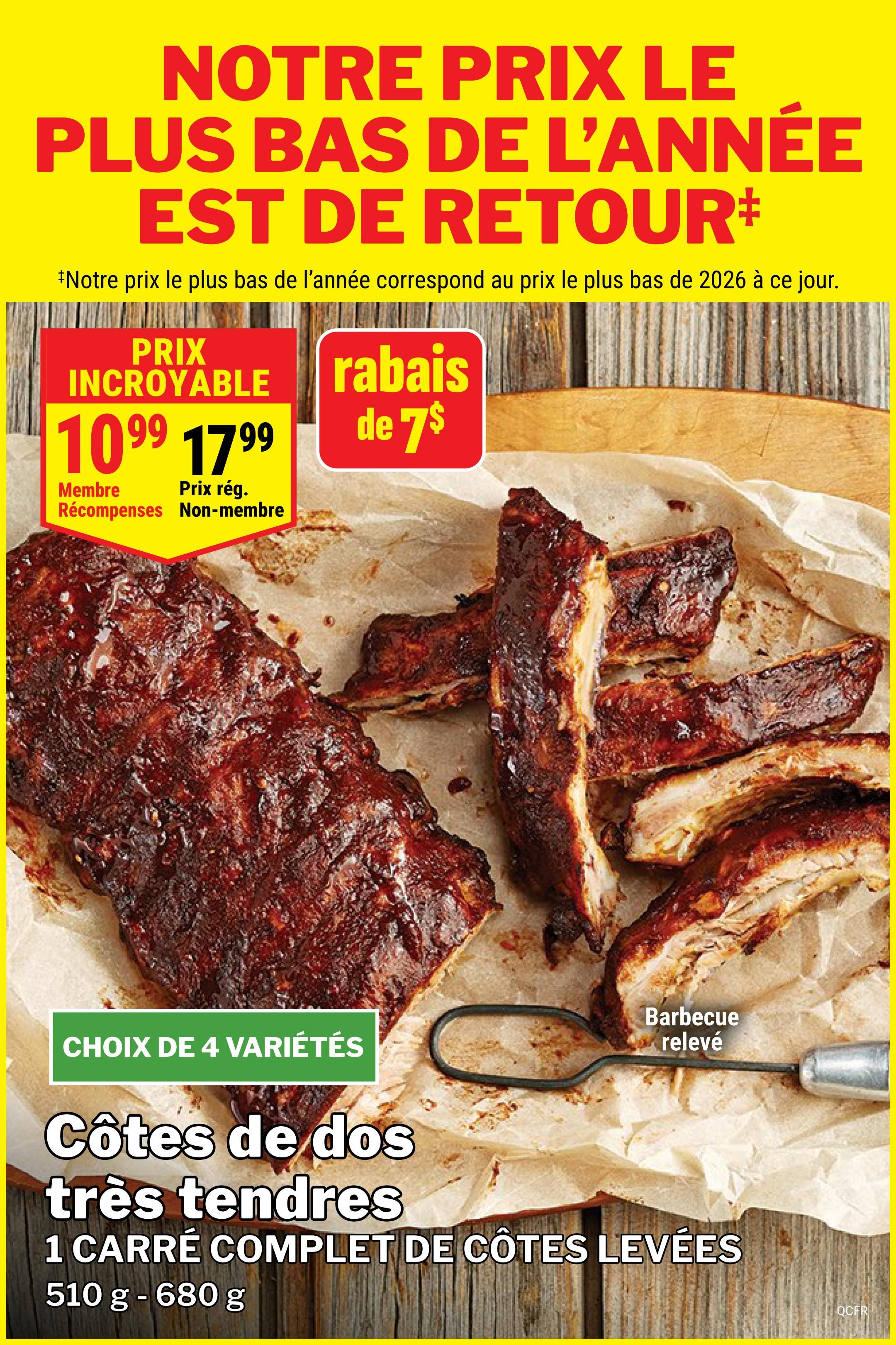 M&M Food Market flyer page featuring a 'Best Price of the Year' promotion. The main offer is for tender pork back ribs, available in 4 varieties, priced at $10.99 for members and $17.99 for non-members. There is a $7 discount available. The product is described as 1 full rack of ribs, weighing 510g - 680g. The text also mentions 'Barbecue releve' which translates to 'Barbecue raised' or 'Barbecue lifted', likely referring to the preparation or style of the ribs.