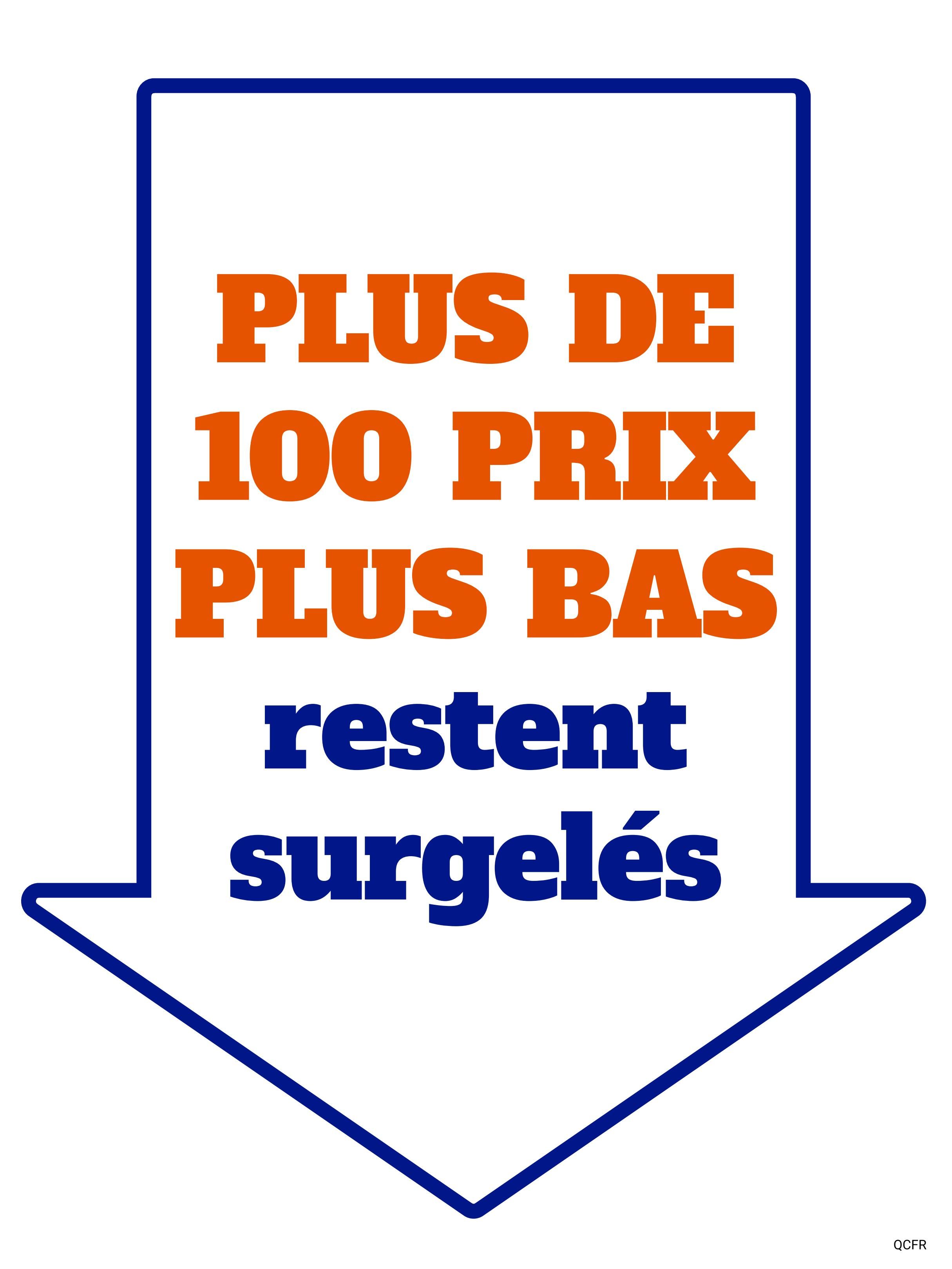 M&M Food Market flyer, page 13. Features a large graphic with text in French: 'PLUS DE 100 PRIX PLUS BAS restent surgelés', which translates to 'Over 100 lower prices remain frozen'. This indicates a promotion on frozen items with over 100 price reductions.