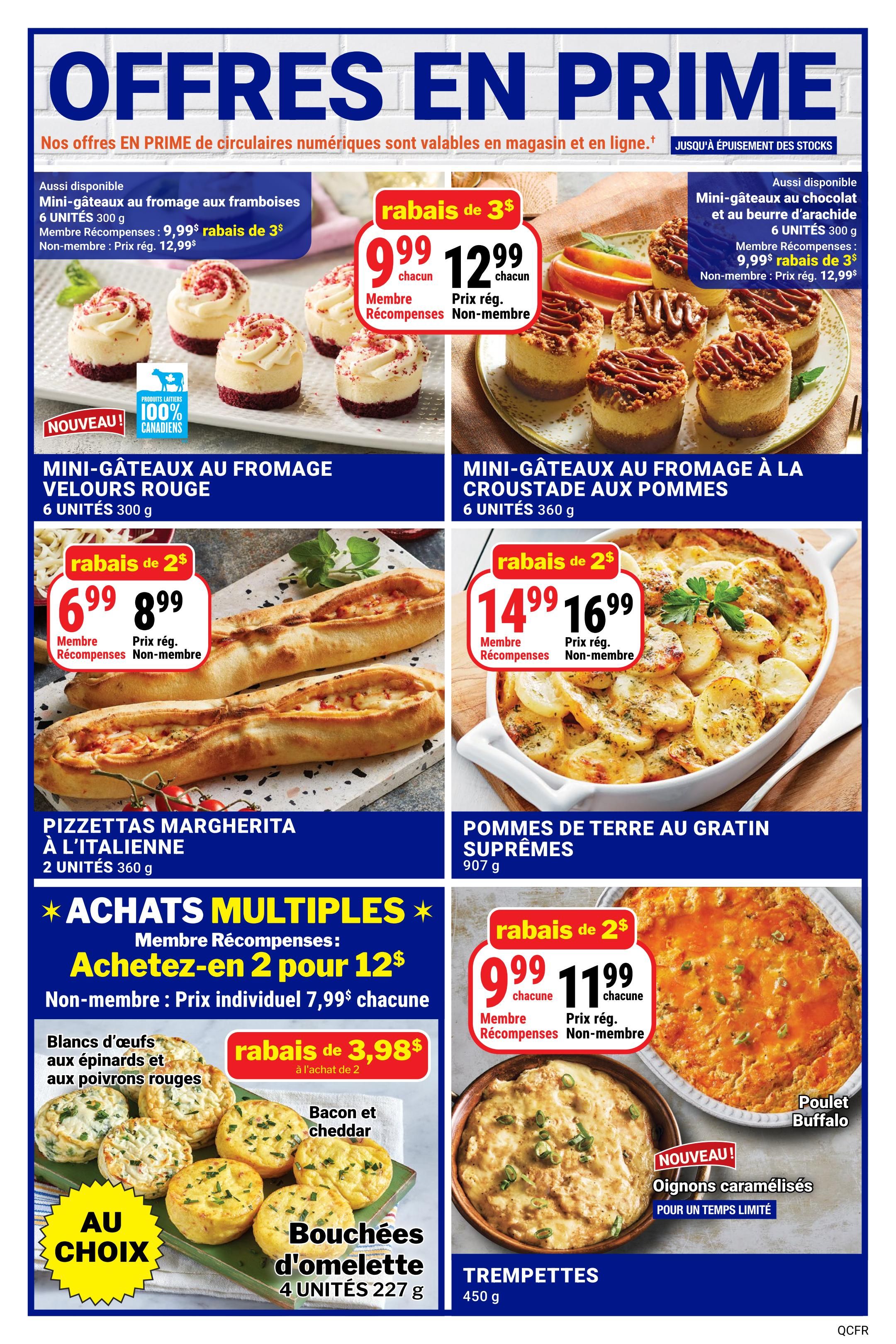 M&M Food Market weekly flyer specials page 14 features several prime offers. On the top left, Mini Raspberry Cheesecake Bites are available for $9.99 each for members, with a regular price of $12.99, and a $3 discount. These are 100% Canadian dairy products. Next to them, Mini Apple Crumble Cheesecakes are also $9.99 each for members, with a regular price of $12.99, and a $3 discount. Below the raspberry cheesecake bites, Pizzettas Margherita a l'italienne (2 units, 360g) are on sale for $6.99 each for members, with a regular price of $8.99, a $2 discount. On the bottom left, under 'Multiple Purchases', get 2 for $12, with individual regular price of $7.99 each. Choose from Spinach and Red Pepper Egg Bites or Bacon and Cheddar Bites (4 units, 227g). On the bottom right, Trempettes (450g) are $9.99 each for members, with a regular price of $11.99, a $2 discount. Also featured is a new limited-time offer: Caramelized Onions (Poulet Buffalo) with Trempettes. On the top right, Mini Potato Gratin Supreme (907g) is $14.99 each for members, with a regular price of $16.99, a $2 discount.
