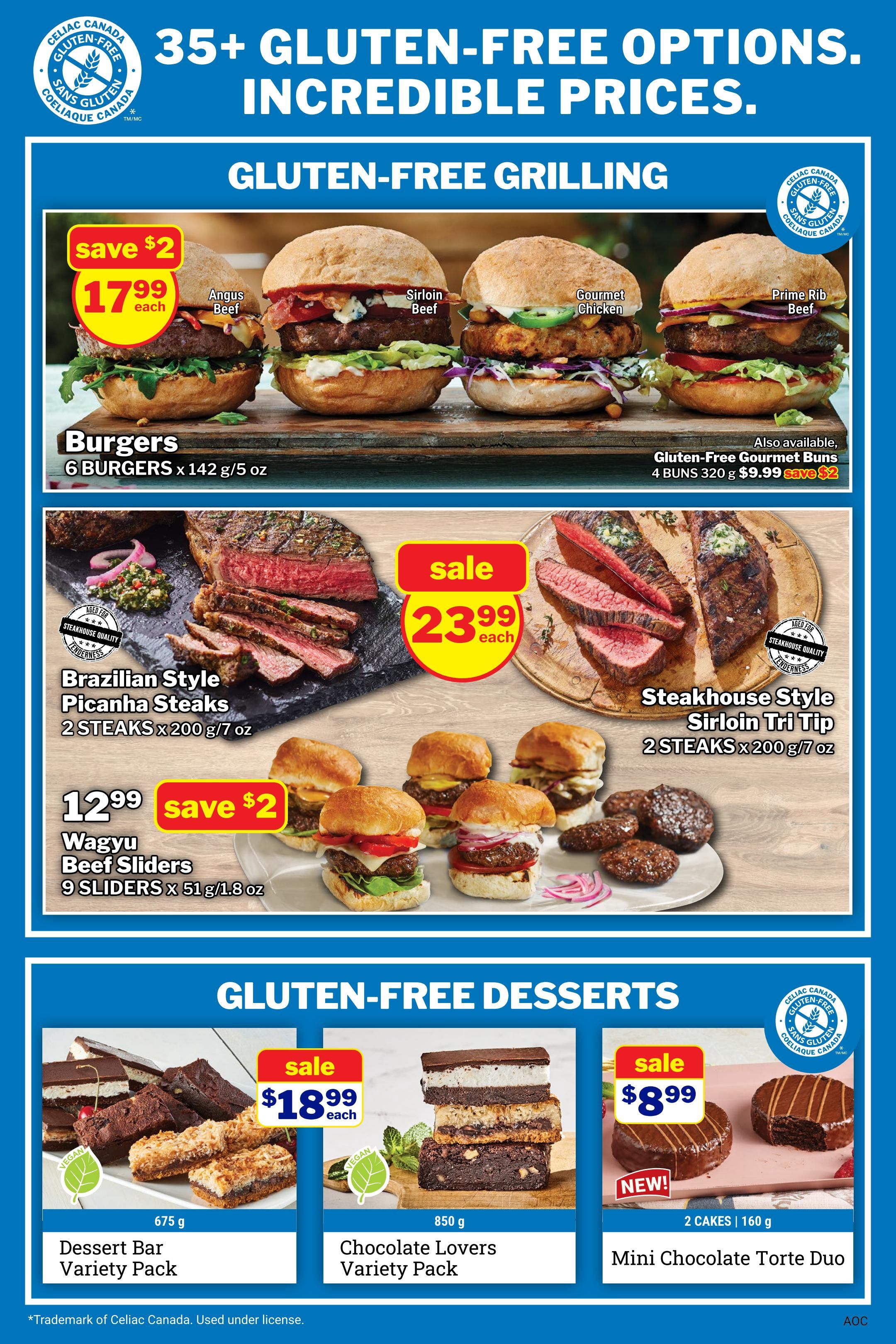 M&M Food Market flyer page 3 featuring 35+ gluten-free options. Under Gluten-Free Grilling, save $2 on Burgers, with Angus Beef, Sirloin Beef, Gourmet Chicken, and Prime Rib Beef varieties available for $17.99 each. Also available are Gluten-Free Gourmet Buns, 4 buns for $9.99, save $2. Featured are Brazilian Style Picanha Steaks, 2 steaks for $12.99, and Steakhouse Style Sirloin Tri Tip, 2 steaks for $23.99. Wagyu Beef Sliders, 9 sliders, are on sale for $12.99, save $2. Under Gluten-Free Desserts, the Dessert Bar Variety Pack (675 g) is on sale for $18.99 each. The Chocolate Lovers Variety Pack (850 g) is also $18.99 each. New! Mini Chocolate Torte Duo (2 cakes, 160 g) is available for $8.99. All products are Celiac Canada Gluten-Free certified.