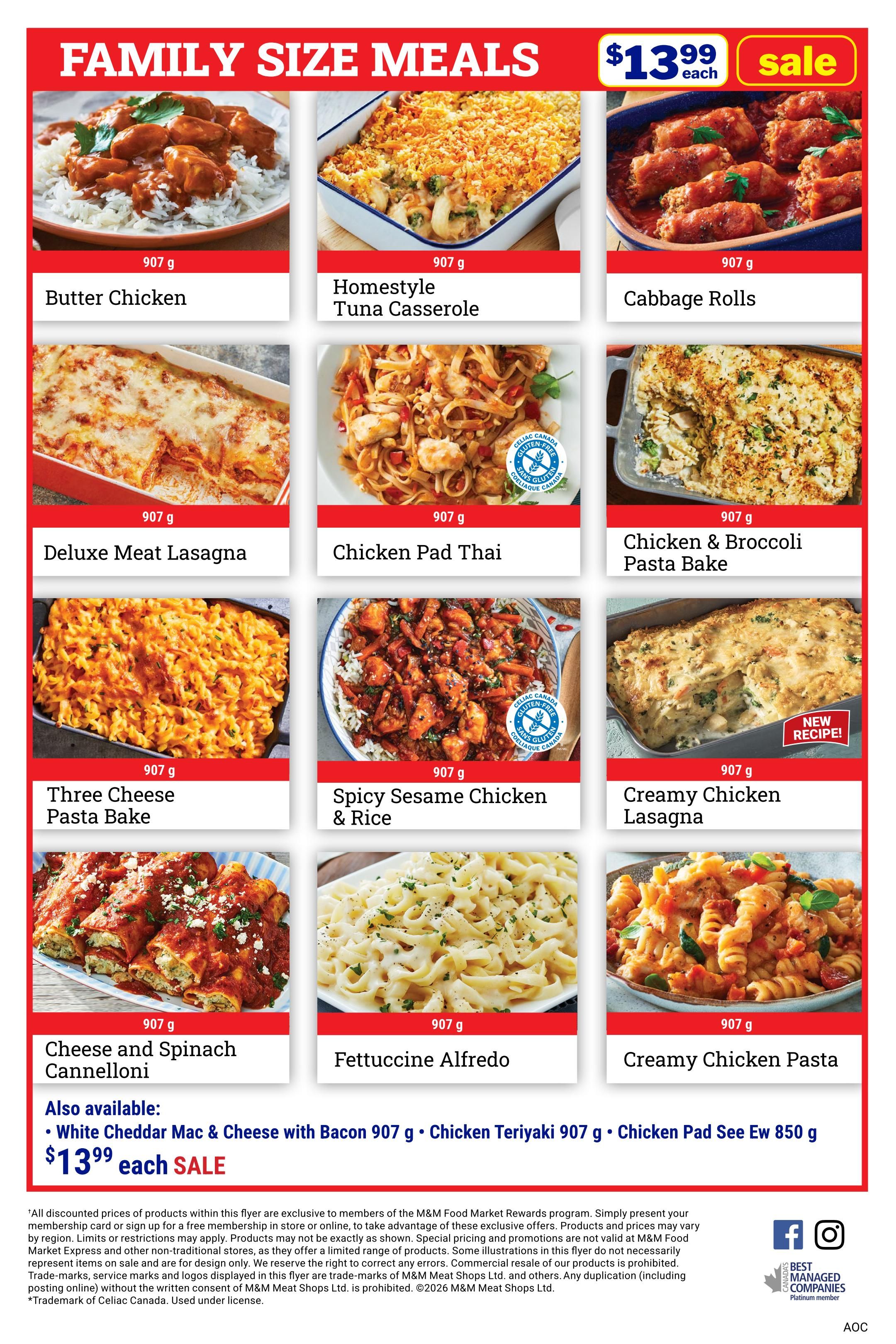 M&M Food Market flyer page 6 featuring Family Size Meals on sale for $13.99 each. Products include Butter Chicken, Homestyle Tuna Casserole, Cabbage Rolls, Deluxe Meat Lasagna, Chicken Pad Thai, Chicken & Broccoli Pasta Bake, Three Cheese Pasta Bake, Spicy Sesame Chicken & Rice, Creamy Chicken Lasagna (New Recipe!), Cheese and Spinach Cannelloni, Fettuccine Alfredo, and Creamy Chicken Pasta. Also available are White Cheddar Mac & Cheese with Bacon, Chicken Teriyaki, and Chicken Pad See Ew, all for $13.99 each on sale.