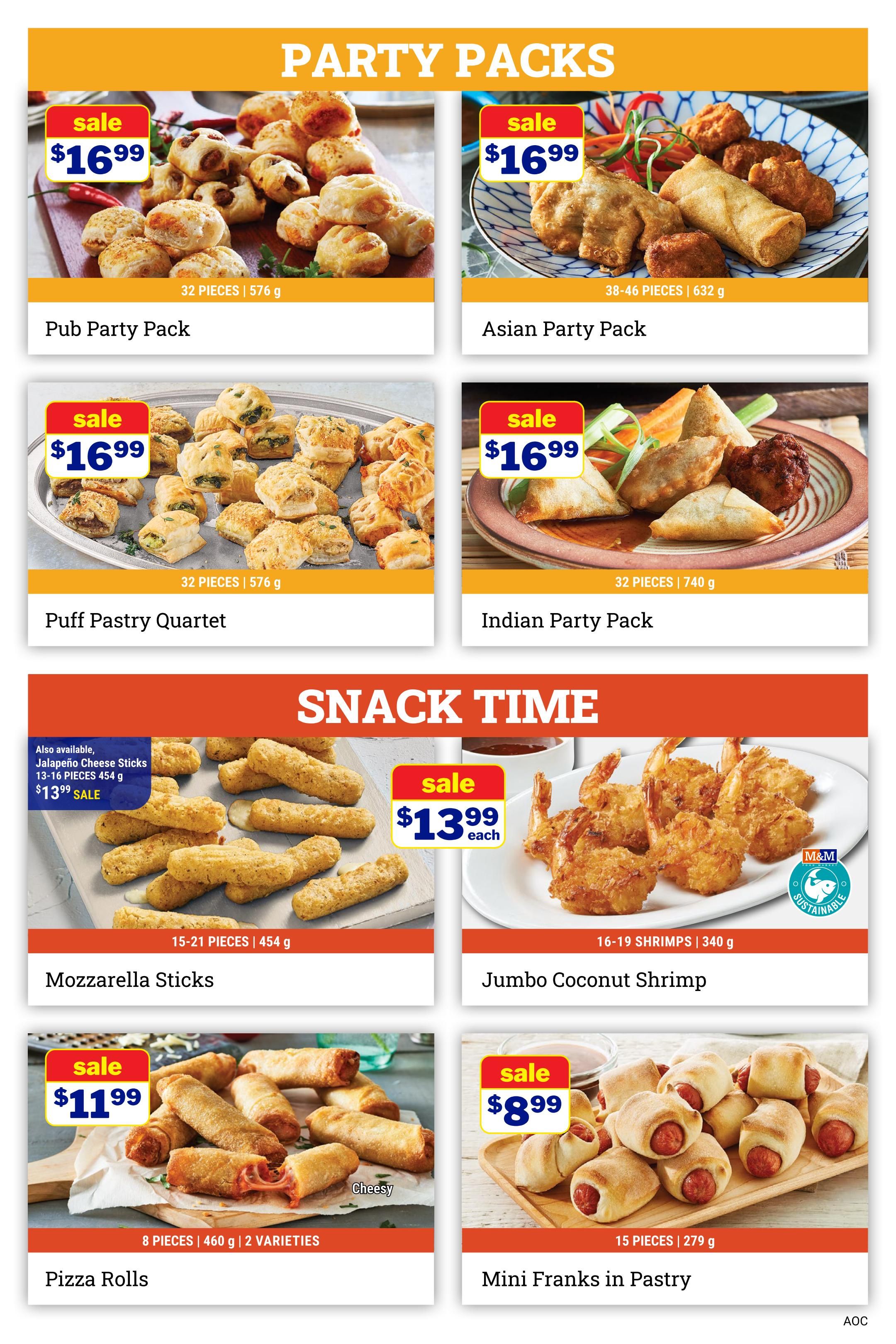 M&M Food Market weekly flyer specials, page 8, featuring Party Packs and Snack Time. Party Packs include Pub Party Pack for $16.99 (32 pieces, 576 g), Asian Party Pack for $16.99 (38-46 pieces, 632 g), Puff Pastry Quartet for $16.99 (32 pieces, 576 g), and Indian Party Pack for $16.99 (32 pieces, 740 g). Snack Time items include Mozzarella Sticks (15-21 pieces, 454 g) on sale for $13.99 each, and Jumbo Coconut Shrimp (16-19 shrimps, 340 g). Also available are Jalapeño Cheese Sticks (13-16 pieces, 454 g) for $13.99 SALE. Other snacks on sale are Pizza Rolls for $11.99 (8 pieces, 460 g, 2 varieties) and Mini Franks in Pastry for $8.99 (15 pieces, 279 g).