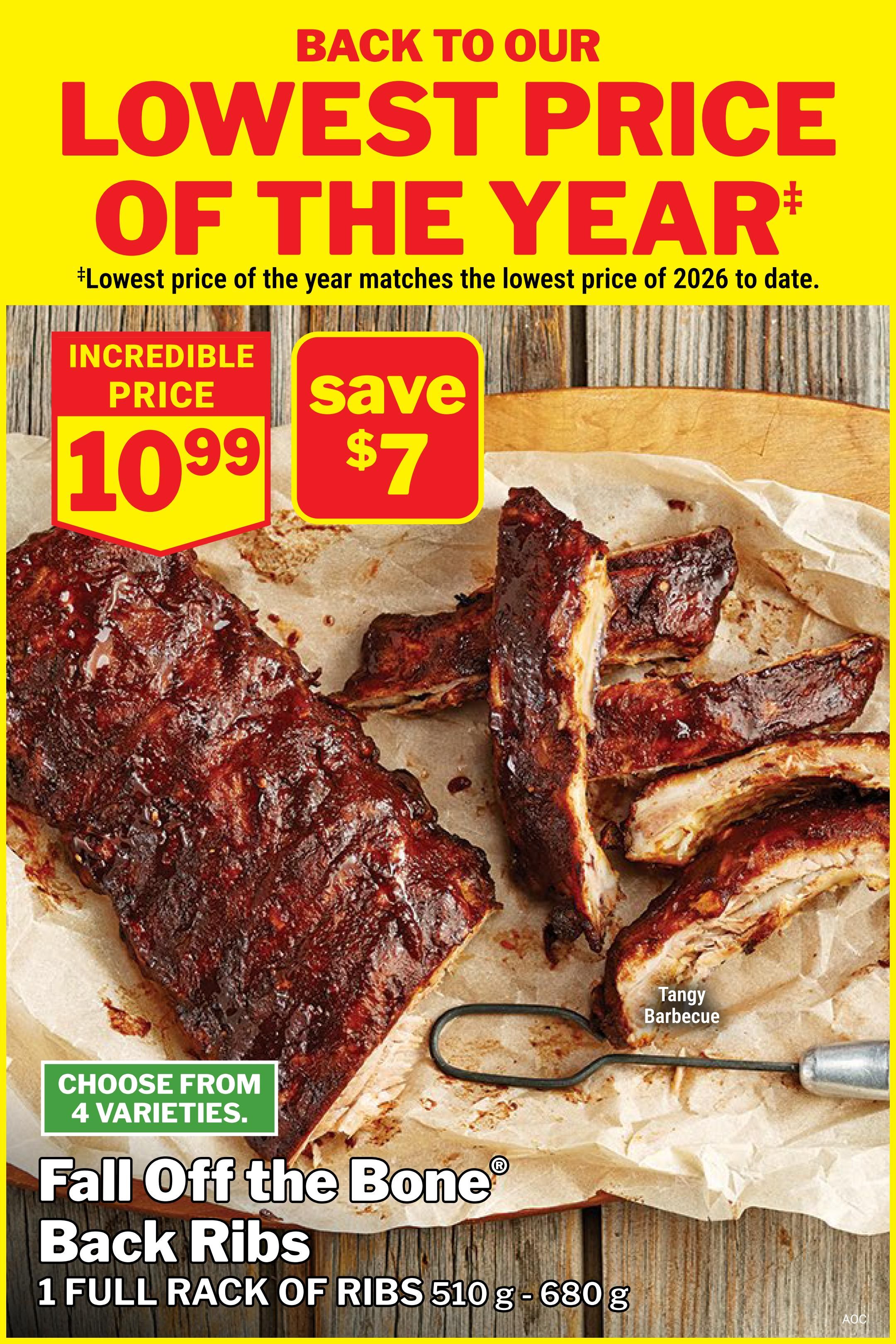 M&M Food Market flyer page 11 featuring 'Back to Our Lowest Price of the Year' on Fall Off the Bone Back Ribs. Get 1 full rack of ribs (510 g - 680 g) for an incredible price of $10.99, saving $7. Choose from 4 varieties, including Tangy Barbecue. The lowest price of the year matches the lowest price of 2026 to date.
