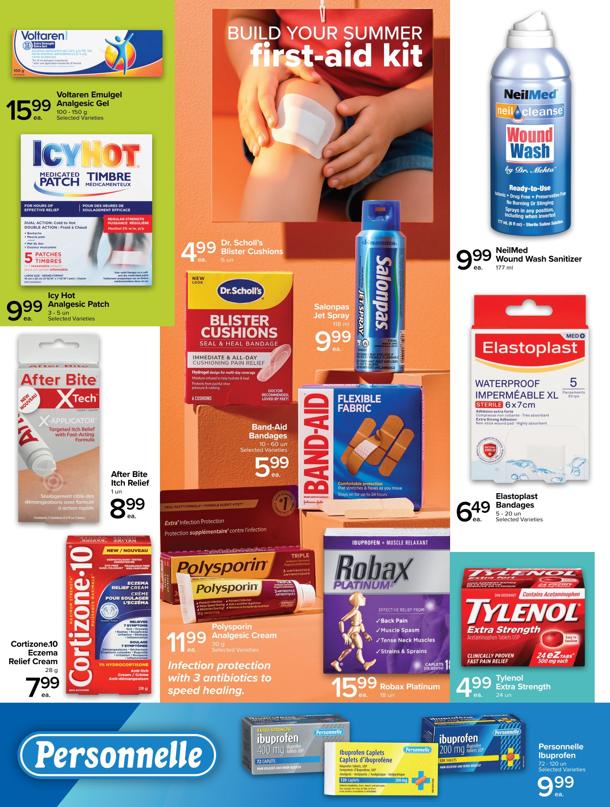 Metro Ontario flyer, page 4. Build your summer first-aid kit featuring Volatren Emulgel Analgesic Gel for $15.99, Icy Hot Medicated Patch for $9.99, and After Bite XTech Targeted Itch Relief for $8.99. Also featured are Dr. Scholl's Blister Cushions for $4.99, Salonpas Jet Spray for $9.99, Band-Aid Flexible Fabric Bandages for $5.99, and Elastoplast Waterproof XL Bandages for $6.49. Other products include Cortizone-10 Eczema Relief Cream for $7.99, Polysporin Analgesic Cream for $11.99, Robax Platinum for $15.99, and Tylenol Extra Strength tablets for $4.99. The page also highlights Personnelle Ibuprofen Caplets in 400 mg and 200 mg sizes, priced at $9.99 for 72-120 count selected varieties.