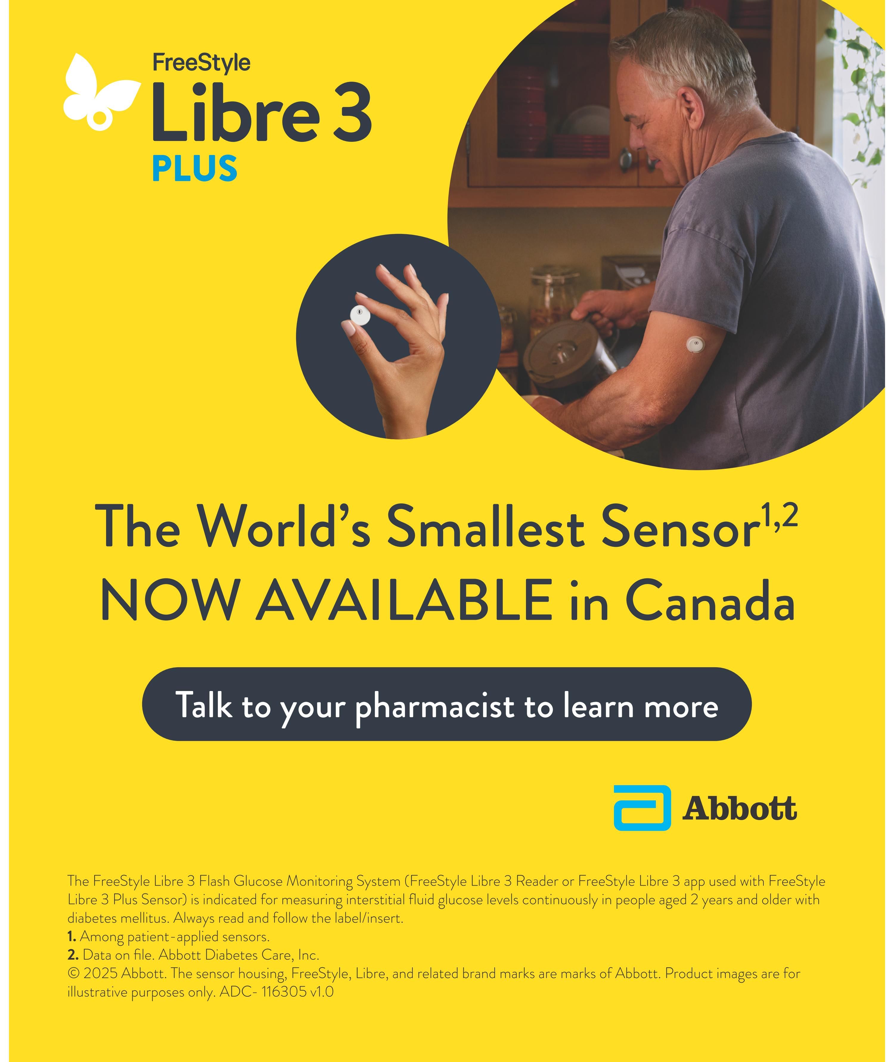 PharmaChoice flyer page 8 features the Freestyle Libre 3 Plus, advertised as the world's smallest sensor, now available in Canada. The page includes an image of a man wearing the sensor on his arm and a close-up of the sensor held by a hand. It encourages customers to talk to their pharmacist to learn more about the Freestyle Libre 3 Flash Glucose Monitoring System. The text also provides details about the system's indication for measuring interstitial fluid glucose levels in people aged 2 years and older with diabetes mellitus, and includes disclaimers regarding patient-applied sensors and data on file from Abbott Diabetes Care, Inc. The page displays the Abbott logo.
