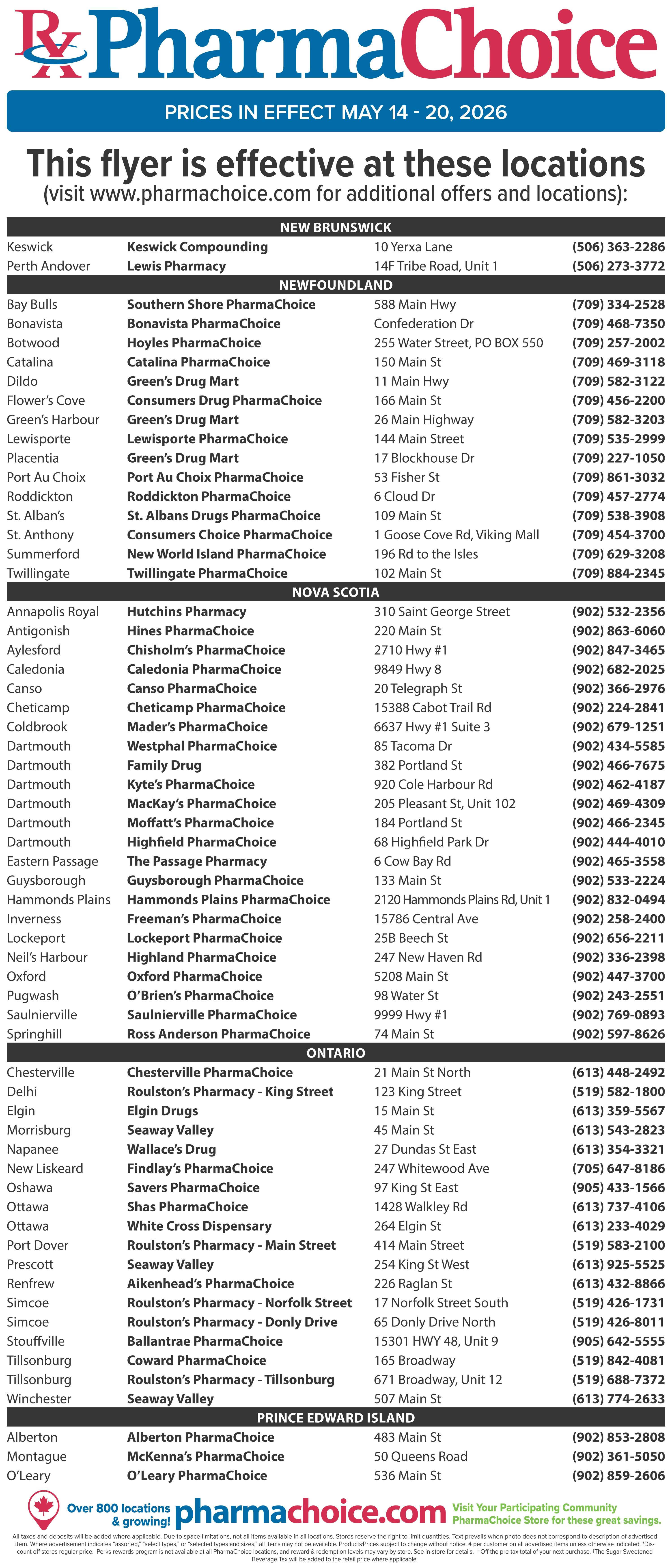 PharmaChoice flyer page 9 lists store locations across Canada, including New Brunswick, Newfoundland, Nova Scotia, Ontario, and Prince Edward Island. The flyer is effective from May 14 to May 20, 2026. It provides addresses and phone numbers for various PharmaChoice locations such as Keswick Compounding Lewis Pharmacy in New Brunswick, Southern Shore PharmaChoice in Newfoundland, Hutchins Pharmacy in Nova Scotia, Chesterville PharmaChoice in Ontario, and Alberton PharmaChoice in Prince Edward Island. The bottom of the page features the PharmaChoice logo and website, along with a message about over 800 locations and growing, and a disclaimer about prices and product availability.