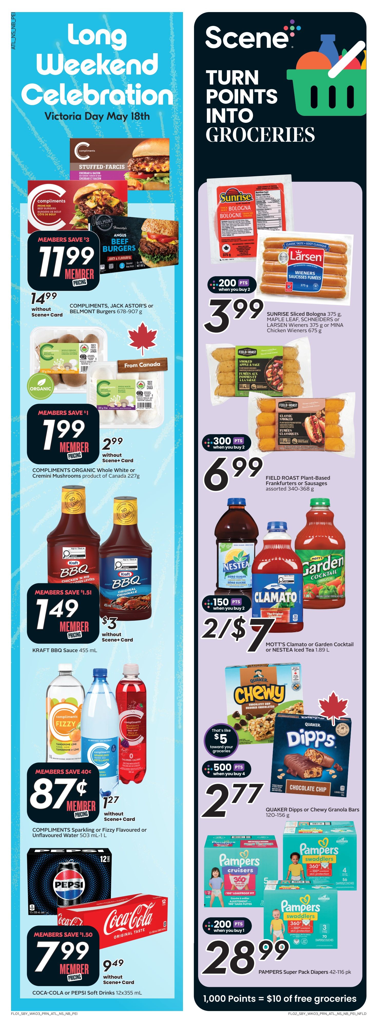 Sobeys Atlantic Canada flyer page 2 features a Long Weekend Celebration for Victoria Day. On the left side, members can save on Compliments, Jack Astor's or Belmont Beef Burgers for $11.99, down from $14.99. Also featured are Compliments Organic Whole White or Cremini Mushrooms for $1.99 member price, or $2.99 without Scene+ Card. Kraft BBQ Sauce is on sale for $1.49 member price, or $3 without Scene+ Card. Compliments Sparkling or Fizzy Flavoured or Unflavoured Water is $0.87 member price, or $1.27 without Scene+ Card. Coca-Cola or Pepsi Soft Drinks 12x355 mL are $7.99 member price, or $9.49 without Scene+ Card. The right side of the page highlights Scene+ points for groceries. Sunrise Sliced Bologna, Larsen Wieners or Mina Chicken Wieners are $3.99 when you buy 2, earning 200 Scene+ points. Field Roast Plant-Based Frankfurters or Sausages are $6.99 when you buy 2, earning 300 Scene+ points. Mott's Clamato or Garden Cocktail or Nestea Iced Tea are 2 for $7, earning 150 Scene+ points. Quaker Dipps or Chewy Granola Bars are $2.77, earning 500 Scene+ points when you buy 4. Pampers Super Pack Diapers are $28.99 when you buy 1, earning 200 Scene+ points. 1,000 Scene+ points equals $10 in free groceries.