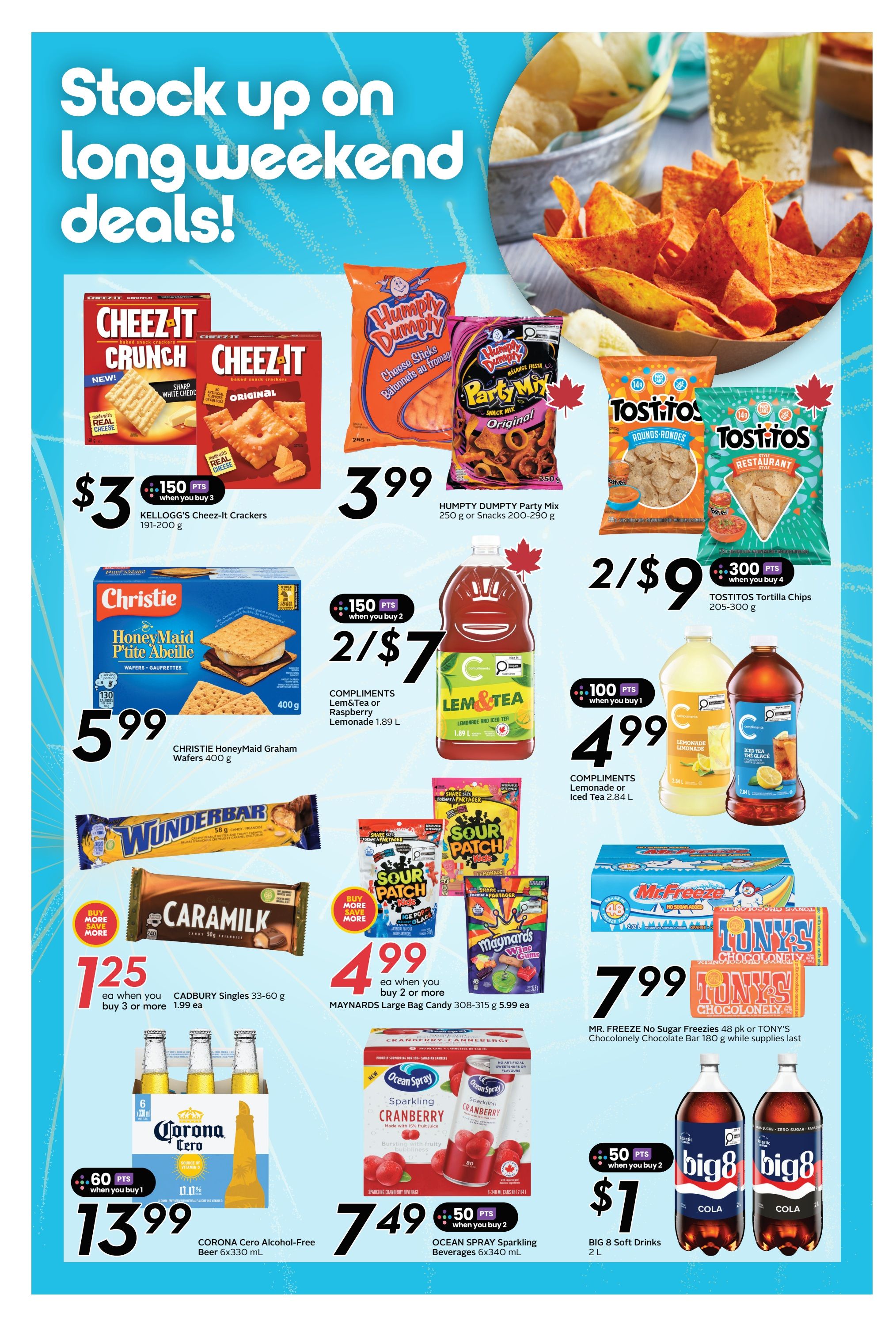 Sobeys Atlantic Canada weekly flyer specials page 12. Features Kellogg's Cheez-It Crackers 191-200 g for $3 when you buy 3, earning 150 points. Humpty Dumpty Party Mix 250 g or Snacks 200-290 g are $3.99. Tostitos Tortilla Chips 205-300 g are 2 for $9, earning 300 points when you buy 4. Christie HoneyMaid Graham Wafers 400 g are $5.99. Compliments Lem&Tea or Raspberry Lemonade 1.89 L are 2 for $7, earning 150 points when you buy 2. Compliments Lemonade or Iced Tea 2.84 L are $4.99, earning 100 points when you buy 1. Wonderbar 58 g and Caramilk 50 g are featured. Cadbury Singles 33-60 g are $1.25 each when you buy 3 or more. Maynards Large Bag Candy 308-315 g are $4.99 when you buy 2 or more. Mr. Freeze No Sugar Freezies 48 pk or Tony's Chocolonely Chocolate Bar 180 g are $7.99 while supplies last. Corona Cero Alcohol-Free Beer 6x330 mL is $13.99, earning 60 points when you buy 1. Ocean Spray Sparkling Cranberry Beverages 6x340 mL are $7.49, earning 50 points when you buy 2. Big 8 Soft Drinks 2 L are $1 when you buy 2, earning 50 points.