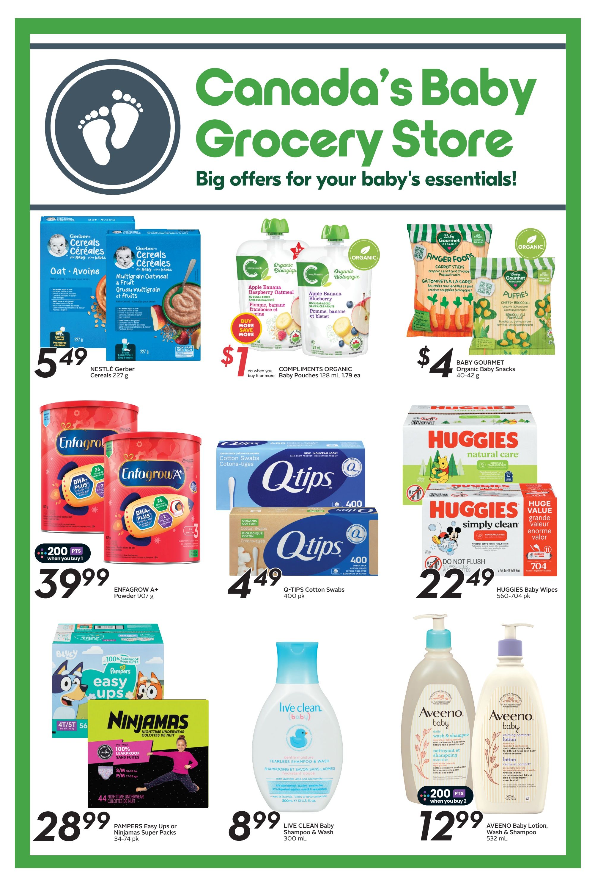 Sobeys Atlantic Canada flyer page 20 features Canada's Baby Grocery Store specials. Offers include Nestlé Gerber Cereals 227 g for $5.49, Compliments Organic Baby Pouches 128 mL (buy 5 or more) for $1 each, and Baby Gourmet Organic Baby Snacks 40-42 g for $4. Also featured are Enfagrow A+ Powder 907 g for $39.99 with 200 bonus points when you buy 1, Q-TIPS Cotton Swabs 400 pk for $4.49, Huggies Natural Care or Simply Clean Baby Wipes 560-704 pk for $22.49, and Pampers Easy Ups or Ninjamas Super Packs 34-74 pk for $28.99. Live Clean Baby Shampoo & Wash 300 mL is $8.99, and Aveeno Baby Lotion, Wash & Shampoo 532 mL is $12.99 with 200 bonus points when you buy 2.