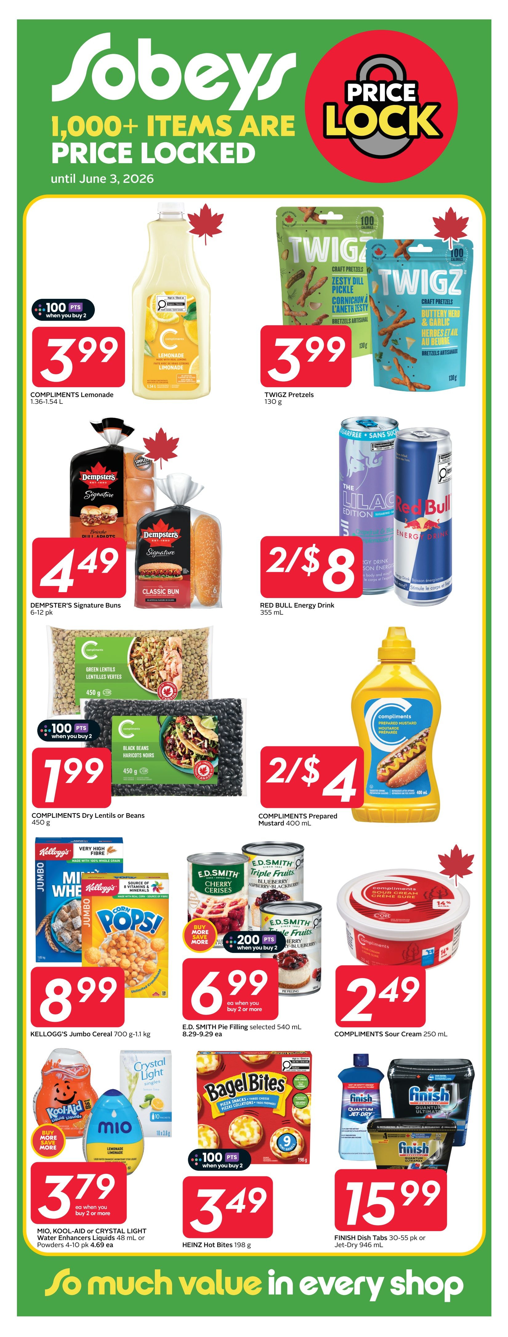 Sobeys flyer page 23 featuring 'Price Lock' deals until June 3, 2026. Offers include Compliments Lemonade for $3.99, Twigz Pretzels for $3.99, Dempster's Signature Buns (6-12 pk) for $4.49, and Red Bull Energy Drink (355 mL) for 2 for $8. Also featured are Compliments Dry Lentils or Beans (450 g) for $1.99 when you buy 2, and Compliments Prepared Mustard (400 mL) for 2 for $4. Kellogg's Jumbo Cereal (700 g-1.1 kg) is $8.99. E.D. Smith Pie Filling (selected 540 mL) is $6.99 when you buy 2 or more, and Compliments Sour Cream (250 mL) is $2.49. Mio, Kool-Aid, or Crystal Light Water Enhancers (48 mL liquids or 4-10 pk powders) are $3.79 each when you buy 2 or more. Bagel Bites (198 g) are $3.49. Heinz Hot Bites (198 g) are $3.49. Finish Dish Tabs (30-55 pk) or Jet-Dry (946 mL) are $15.99.