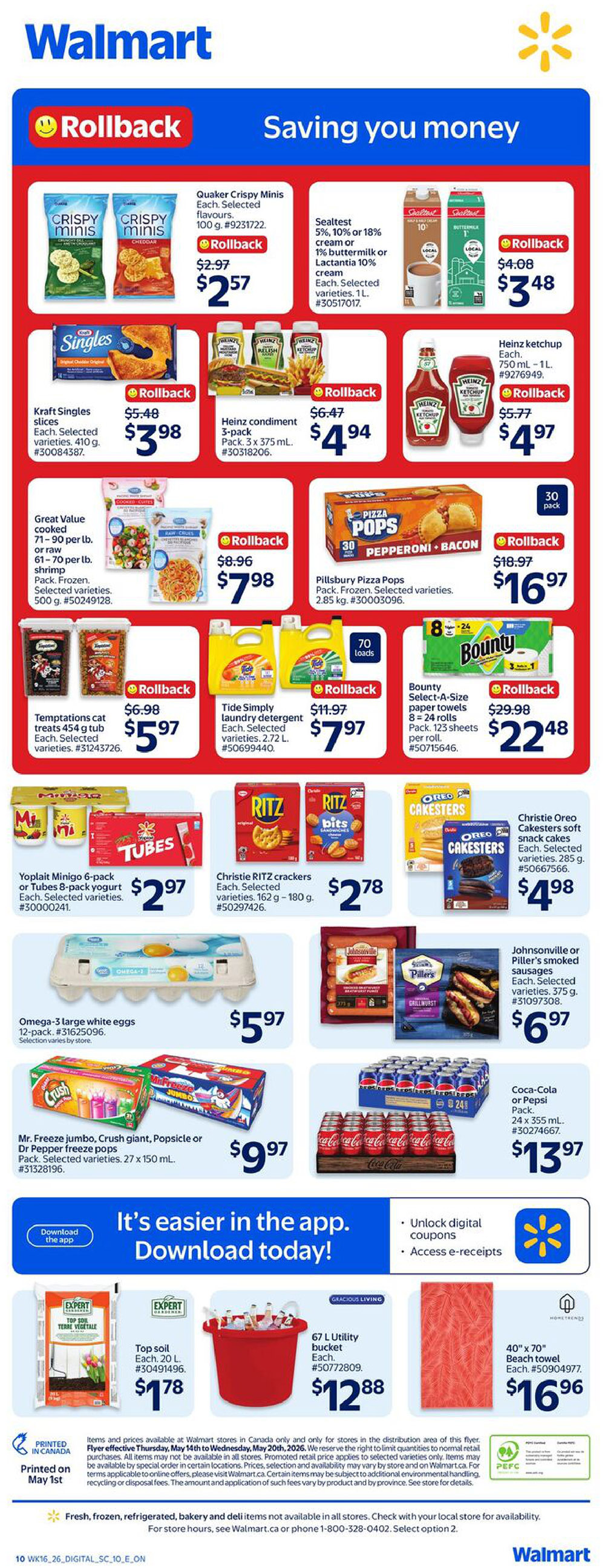 Walmart Canada flyer specials page 2, featuring Rollback savings. Offers include Quaker Crispy Minis for $2.57, Sealtest 5%, 10% or 18% cream or 1% buttermilk or Lactantia 10% cream for $3.48, Kraft Singles slices for $3.98, Heinz condiment 3-pack for $4.94, Great Value cooked or raw shrimp for $7.98, Pillsbury Pizza Pops for $16.97, Temptations cat treats for $5.97, Tide Simply laundry detergent for $7.97, Bounty Select-A-Size paper towels for $22.48, Yoplait Minigo 6-pack or Tubes 8-pack yogurt for $2.97, Christie RITZ crackers for $2.78, Christie Oreo Cakestters soft snack cakes for $4.98, Omega-3 large white eggs 12-pack for $5.97, Johnsonville or Piller's smoked sausages for $6.97, Mr. Freeze jumbo, Crush giant, Popsicle or Dr Pepper freeze pops for $9.97, and Coca-Cola or Pepsi 24-pack for $13.97. Also featured are Expert Top soil for $1.78, a 67 L Utility bucket for $12.88, and a 40' x 70' beach towel for $16.96. The flyer is valid from Thursday, May 14th to Wednesday, May 20th, 2026.