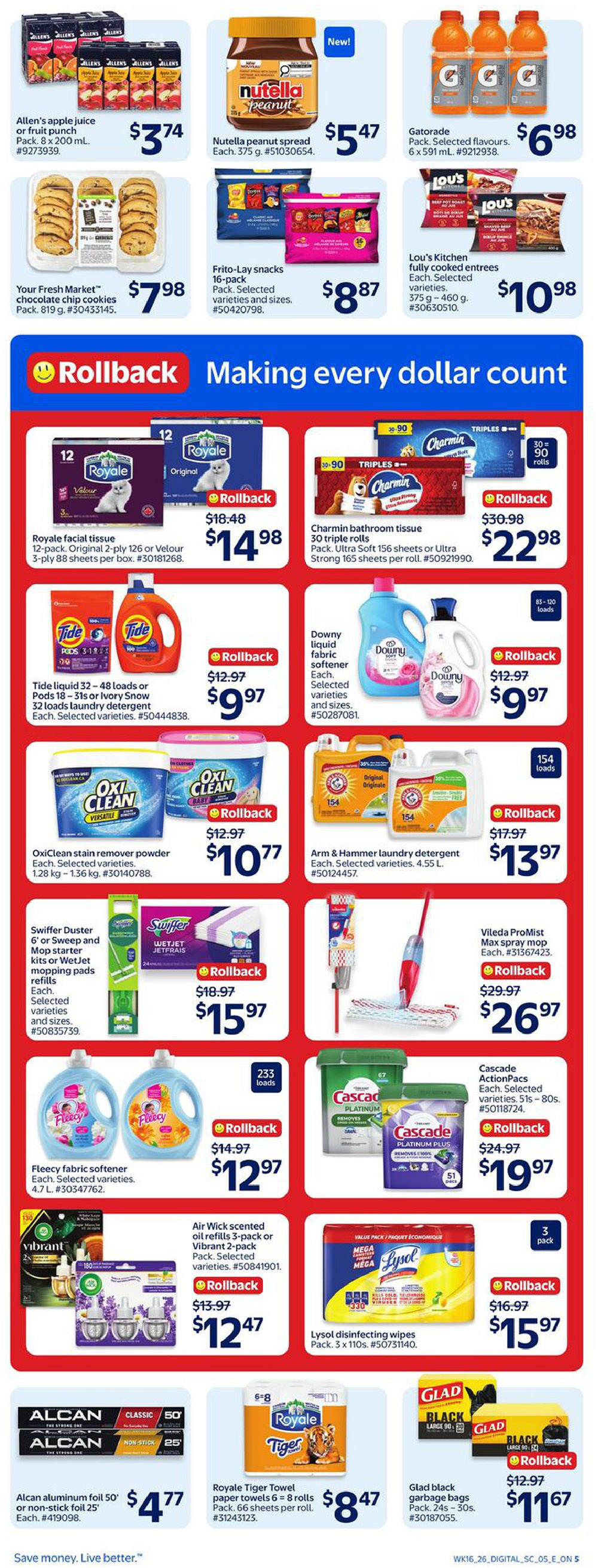 Walmart Canada weekly flyer specials page 8 features a variety of household and grocery items. Top row includes Allen's apple juice or fruit punch 8 x 200 mL for $3.74, Nutella peanut spread 375 g for $5.47, and Gatorade 6 x 591 mL for $6.98. Also featured are Your Fresh Market chocolate chip cookies 819 g for $7.98, Frito-Lay snacks 16-pack for $8.87, and Lou's Kitchen fully cooked entrees 375-460 g for $10.98. The main section highlights Rollback deals: Royale facial tissue 12-pack for $14.98 (was $18.48), Charmin bathroom tissue 30 triple rolls for $22.98 (was $30.98), Tide liquid 32-48 loads or Pods 18-31s or Ivory Snow 32 loads laundry detergent for $9.97 (was $12.97), Downy liquid fabric softener for $9.97 (was $12.97), OxiClean stain remover powder 1.28 kg - 1.36 kg for $10.77 (was $12.97), Arm & Hammer laundry detergent 4.55 L for $13.97 (was $17.97), Swiffer Duster 6' or Sweep and Mop starter kits or WetJet mopping pads refills for $15.97 (was $18.97), Vileda ProMist Max spray mop for $26.97 (was $29.97), Fleecy fabric softener for $12.97 (was $14.97), Air Wick scented oil refills 3-pack or Vibrant 2-pack for $12.47 (was $13.97), Cascade ActionPacs 51s - 80s for $19.97 (was $24.97), and Lysol disinfecting wipes 3 x 110s for $15.97 (was $16.97). The bottom row showcases Alcan aluminum foil 50' or non-stick foil 25' for $4.77, Royale Tiger Towel paper towels 6 = 8 rolls for $8.47, and Glad black garbage bags 24s - 30s for $11.67 (was $12.97).