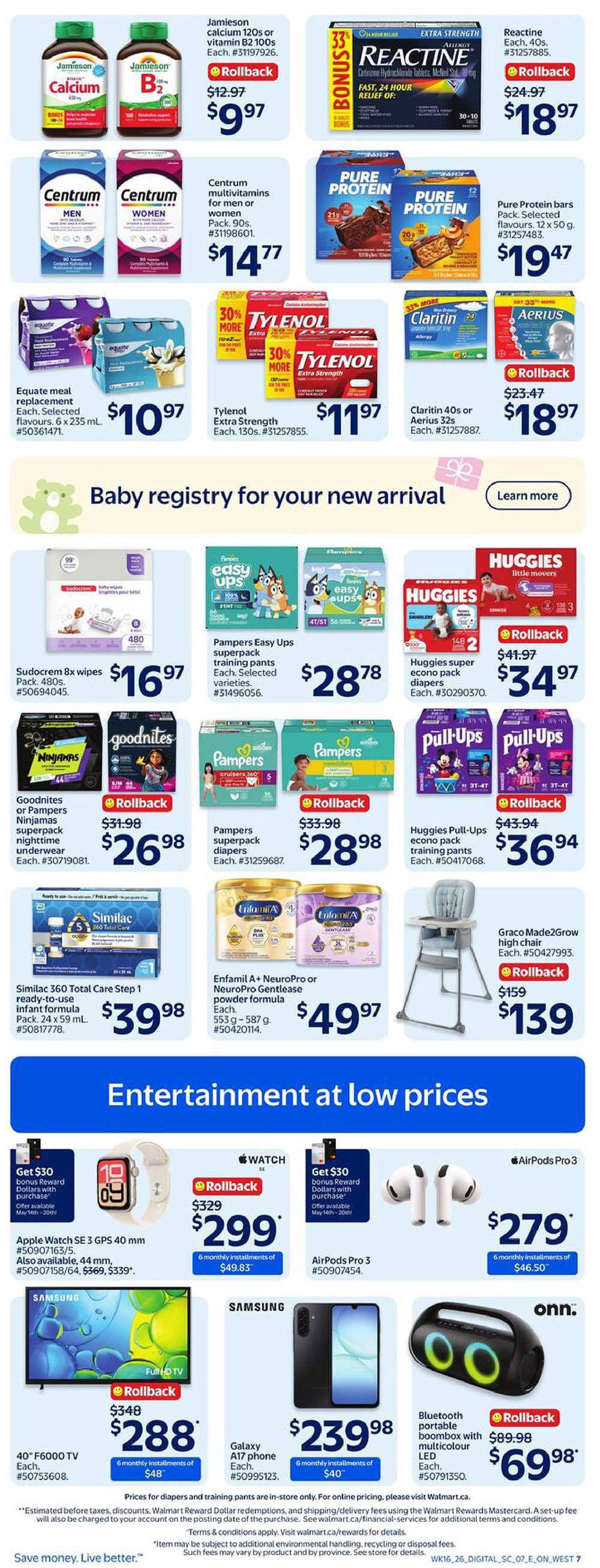 Walmart Canada flyer page 10 featuring health and baby products, and electronics. On sale are Jamieson calcium and vitamin B2 for $9.97, Centrum multivitamins for $14.77, Equate meal replacement shakes for $10.97, Tylenol Extra Strength for $11.97, Reactine tablets for $18.97, and Pure Protein bars for $19.47. Baby registry items include Sudocrem wipes for $16.97, Pampers Easy Ups training pants for $28.78, Huggies Econo pack diapers for $34.97, Goodnites or Pampers Ninjamas underwear for $26.98, Pampers superpack diapers for $28.98, Huggies Pull-Ups training pants for $36.94, Similac 360 Total Care infant formula for $39.98, and Enfamil A+ NeuroPro or NeuroPro Gentlease powder formula for $49.97. A Graco Made2Grow high chair is on rollback for $139. Entertainment deals include an Apple Watch SE GPS 40 mm for $299, AirPods Pro 3 for $279, a Samsung 40' F6000 TV for $288, a Samsung Galaxy A17 phone for $239.98, and an onn. Bluetooth portable boombox with multicolour LED for $69.98.