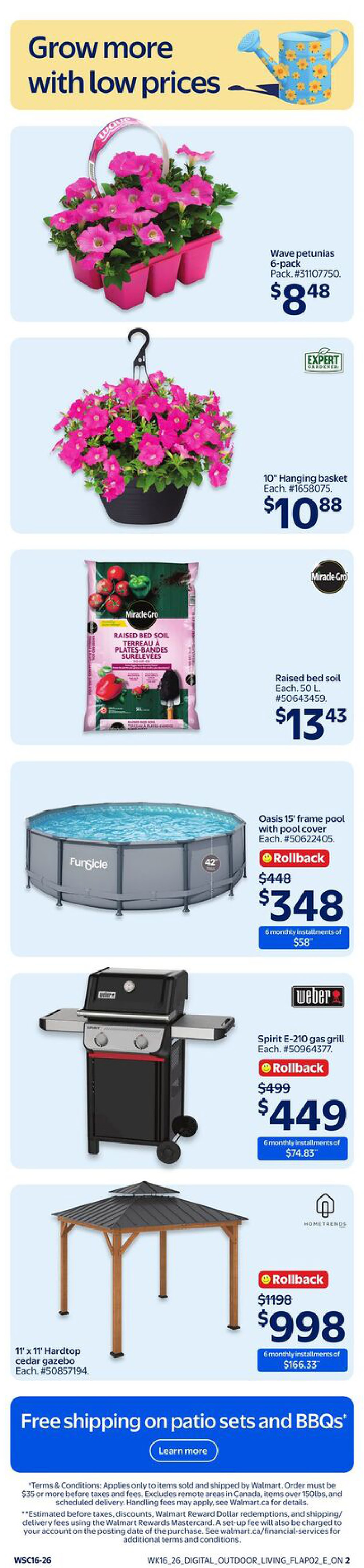Walmart Canada flyer page 12 features gardening and outdoor living items. Displayed are Wave petunias 6-pack for $8.48, a 10' hanging basket for $10.88, and Miracle-Gro Raised Bed Soil 50 L for $13.43. Also featured is an Oasis 15' frame pool with pool cover, on rollback from $448 to $348, with 6 monthly installments of $58. A Weber Spirit E-210 gas grill is on rollback from $499 to $449, with 6 monthly installments of $74.83. Finally, an 11' x 11' Hardtop cedar gazebo is on rollback from $1198 to $998, with 6 monthly installments of $166.33. The page also highlights free shipping on patio sets and BBQs.