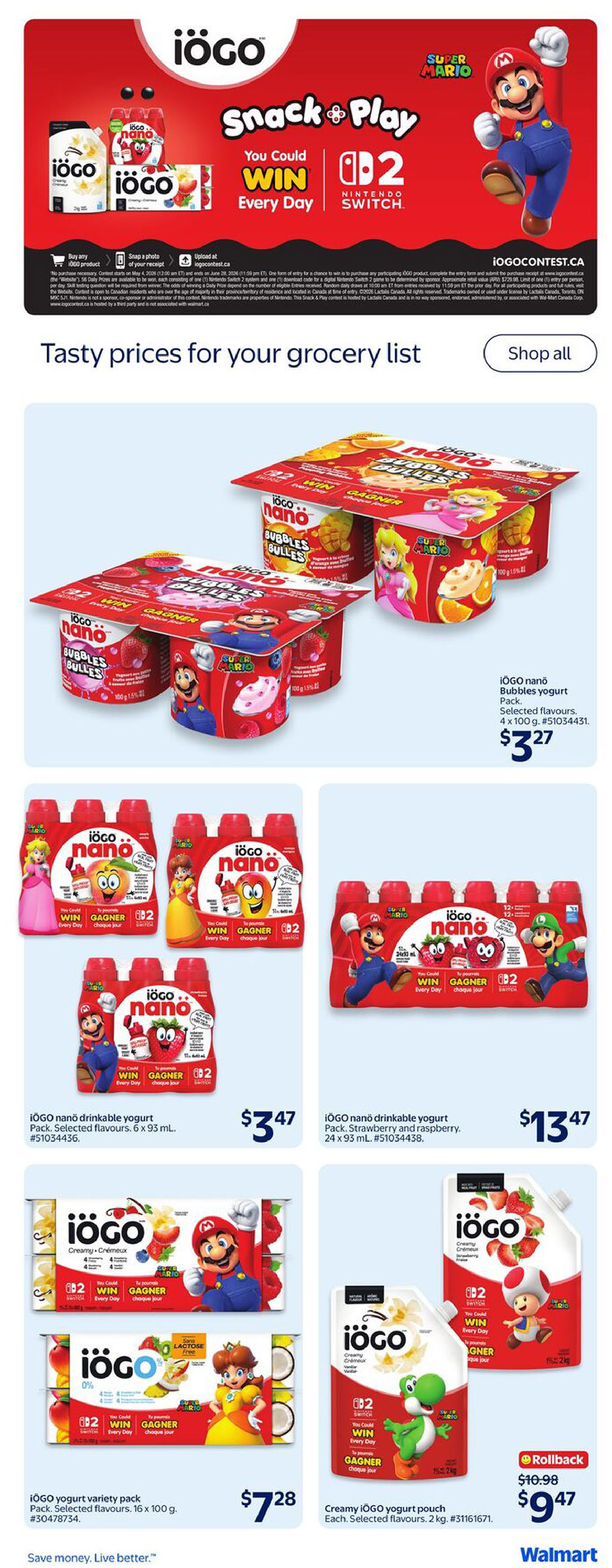 Walmart Canada flyer page 20 featuring iögo yogurt products with Super Mario branding. Promotions include a 'Snack & Play' contest to win Nintendo Switch consoles. Products shown are iögo nanö Bubbles yogurt pack, 4 x 100 g, for $3.27; iögo nanö drinkable yogurt, 6 x 93 mL, for $3.47; iögo nanö drinkable yogurt, 24 x 93 mL, for $13.47; iögo yogurt variety pack, 16 x 100 g, for $7.28; and Creamy iögo yogurt pouch, 2 kg, on rollback from $10.98 to $9.47.