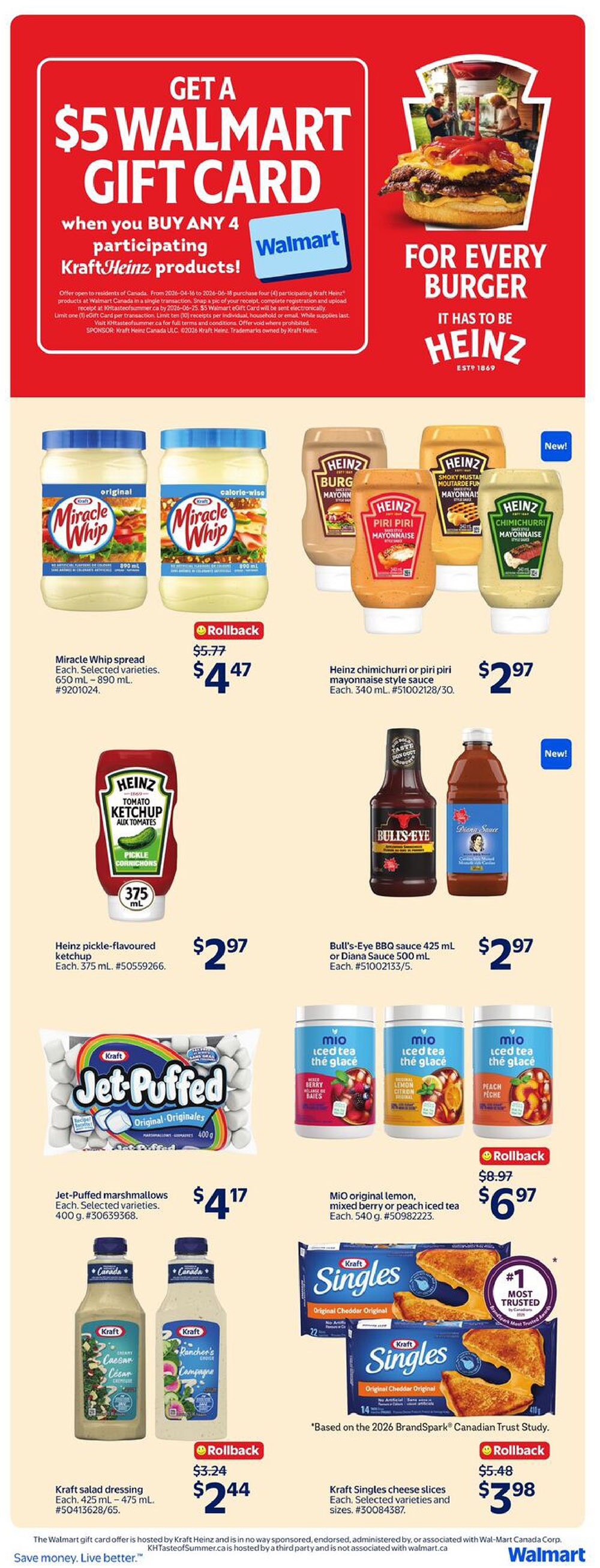 Page 22 of the Walmart Canada flyer featuring a promotion for a $5 Walmart gift card when you buy any 4 participating Kraft Heinz products. Products on sale include Miracle Whip spread, originally $5.77, now $4.47. Heinz chimichurri or piri piri mayonnaise style sauce is $2.97. Heinz pickle-flavoured ketchup is $2.97. Bull's-Eye BBQ sauce or Diana Sauce is $2.97. Kraft Jet-Puffed marshmallows are $4.17. Mio original lemon, mixed berry or peach iced tea is on rollback from $8.97 to $6.97. Kraft salad dressing is on rollback from $3.24 to $2.44. Kraft Singles cheese slices are on rollback from $5.48 to $3.98. The flyer is valid from May 14 to May 20, 2026.