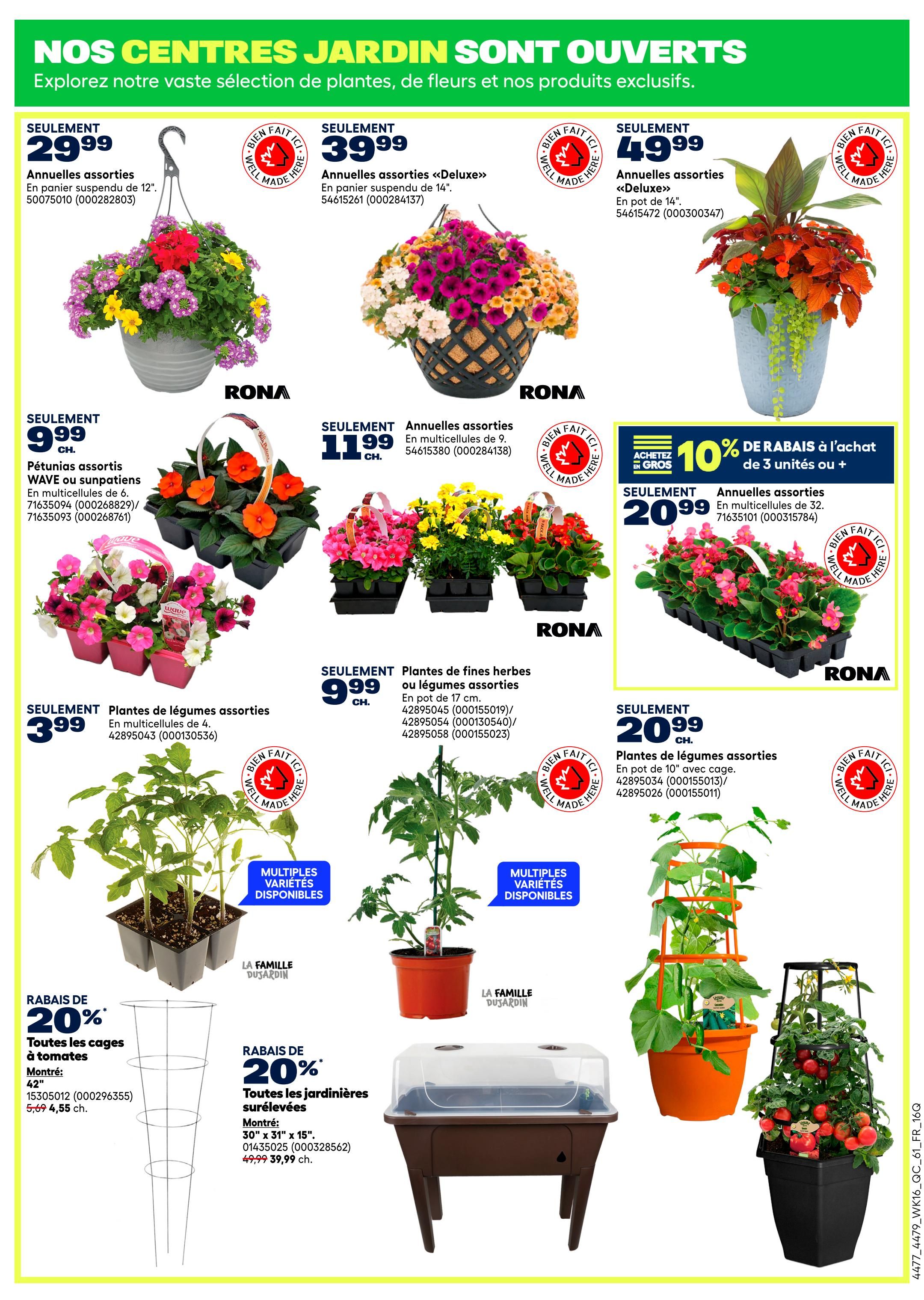 Rona weekly flyer specials page 8 features a wide selection of garden plants and accessories. Highlighted are assorted annuals in hanging baskets for $29.99 and $39.99, and assorted annuals in 14' pots for $49.99. Also available are petunias in multi-cell packs for $9.99, assorted annuals in 9-cell multi-packs for $11.99, and assorted annuals in 32-cell multi-packs for $20.99. Vegetable plants in multi-cell packs are $3.99, and assorted herb or vegetable plants in 17cm pots are $9.99. Get 10% off when you buy 3 or more units of assorted annuals. Tomato cages are 20% off, priced at $4.55 (originally $5.69). Raised garden beds are also 20% off, priced at $39.99 (originally $49.99).