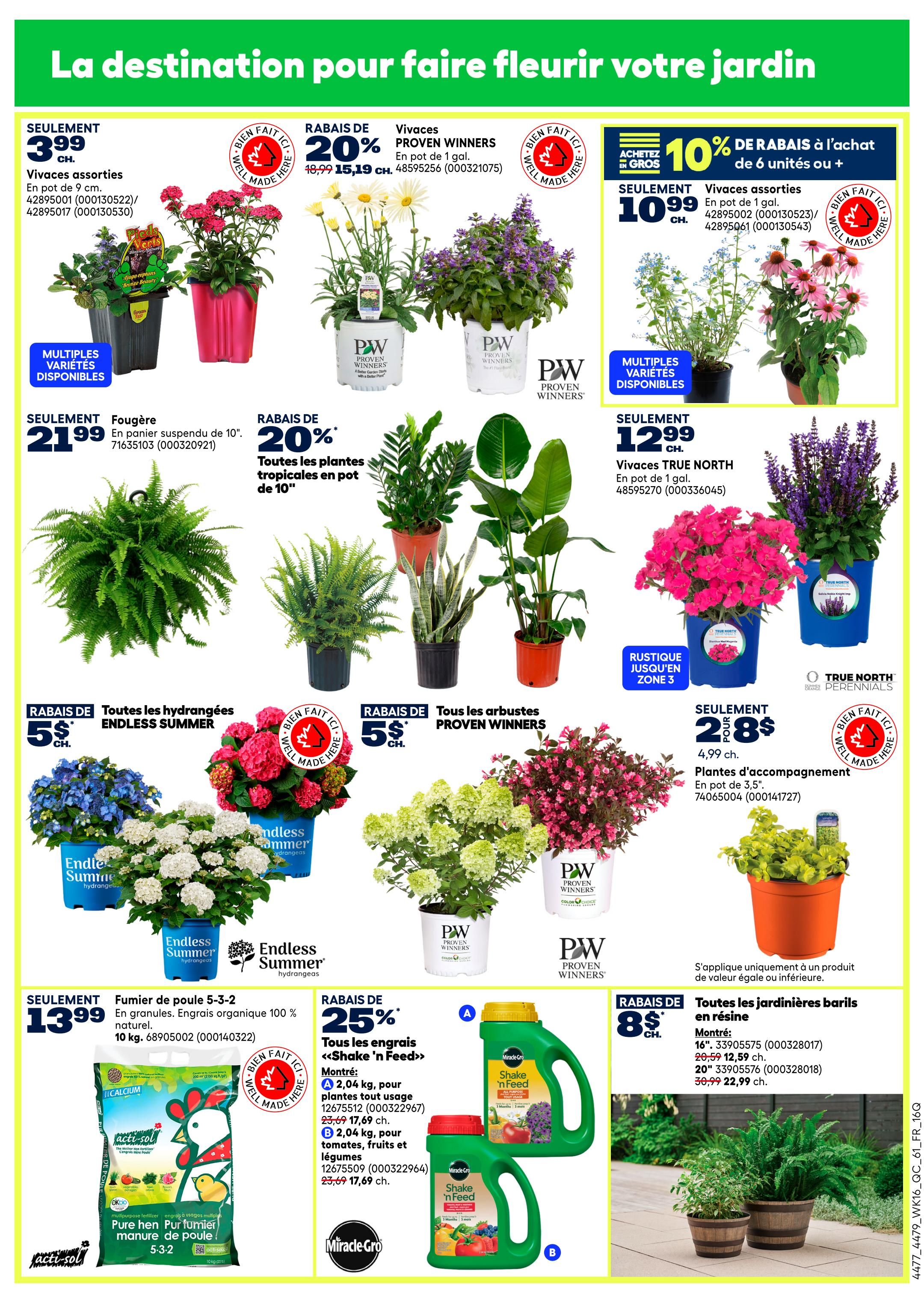 Rona weekly flyer specials page 9 features a variety of plants and gardening supplies. On sale are assorted Proven Winners perennials for $3.99 each, with multiple varieties available. Also featured are hanging fuchsias for $21.99. Tropical plants in 10' pots are 20% off. Assorted Proven Winners perennials are on sale for $10.99 each, with a 10% discount on purchases of 6 or more. True North perennials in 1-gallon pots are $12.99. Endless Summer hydrangeas are $5 each. Proven Winners shrubs are also $5 each. Companion plants in 3.5' pots are $28. A 10 kg bag of 5-3-2 pure hen manure fertilizer is $13.99. Miracle-Gro Shake 'n Feed fertilizer is 25% off, with 2.04 kg bags for $17.69 and 12.675 kg bags for $17.69. Finally, 16' resin bareroot planters are on sale for $12.59, and 20' planters are $22.99.