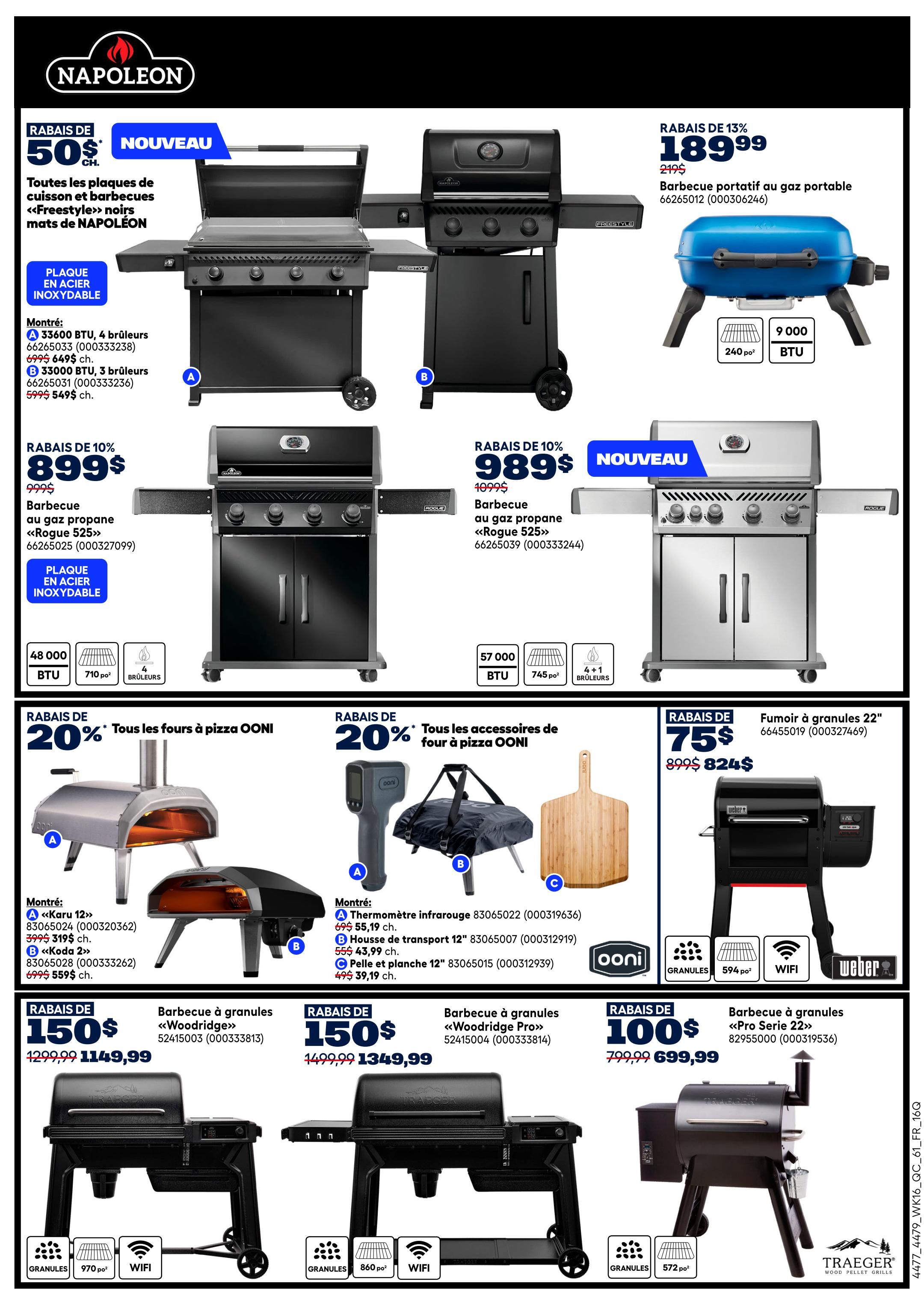 Napoleon weekly flyer specials page 14 features a $50 discount on all Napoleon Freestyle matte black gas grill cooking plates, now available in stainless steel. Featured grills include a 33000 BTU, 4-burner grill for $649 (originally $699) and a 33000 BTU, 3-burner grill for $549 (originally $599). Also on sale is a 13% off portable propane gas grill for $189.99 (originally $219.99) with 9000 BTU and 240 sq. ft. cooking area. A 10% discount is applied to the Napoleon Rogue 525 propane gas grill, priced at $899 (originally $999) with 48000 BTU, 710 sq. ft. and 4+1 burners. Another Napoleon Rogue 525 propane gas grill is on sale for $989 (originally $1099) with 57000 BTU, 745 sq. ft. and 4+1 burners. Ooni pizza ovens are 20% off, including the Karu 12 for $559 (originally $699) and the Koda 2 for $559 (originally $699). Ooni accessories like a pizza peel are also 20% off. A 22' Weber pellet smoker is $75 off, selling for $824 (originally $899). Traeger Wood Pellet Grills are featured with a 10% discount: the 'Woodridge Pro' model is $1149.99 (originally $1299.99) with 970 sq. ft. and WiFi, and another 'Woodridge' model is $1349.99 (originally $1499.99) with 860 sq. ft. and WiFi. The 'Pro Serie 22' Traeger grill is on sale for $699.99 (originally $799.99) with 572 sq. ft. and WiFi.