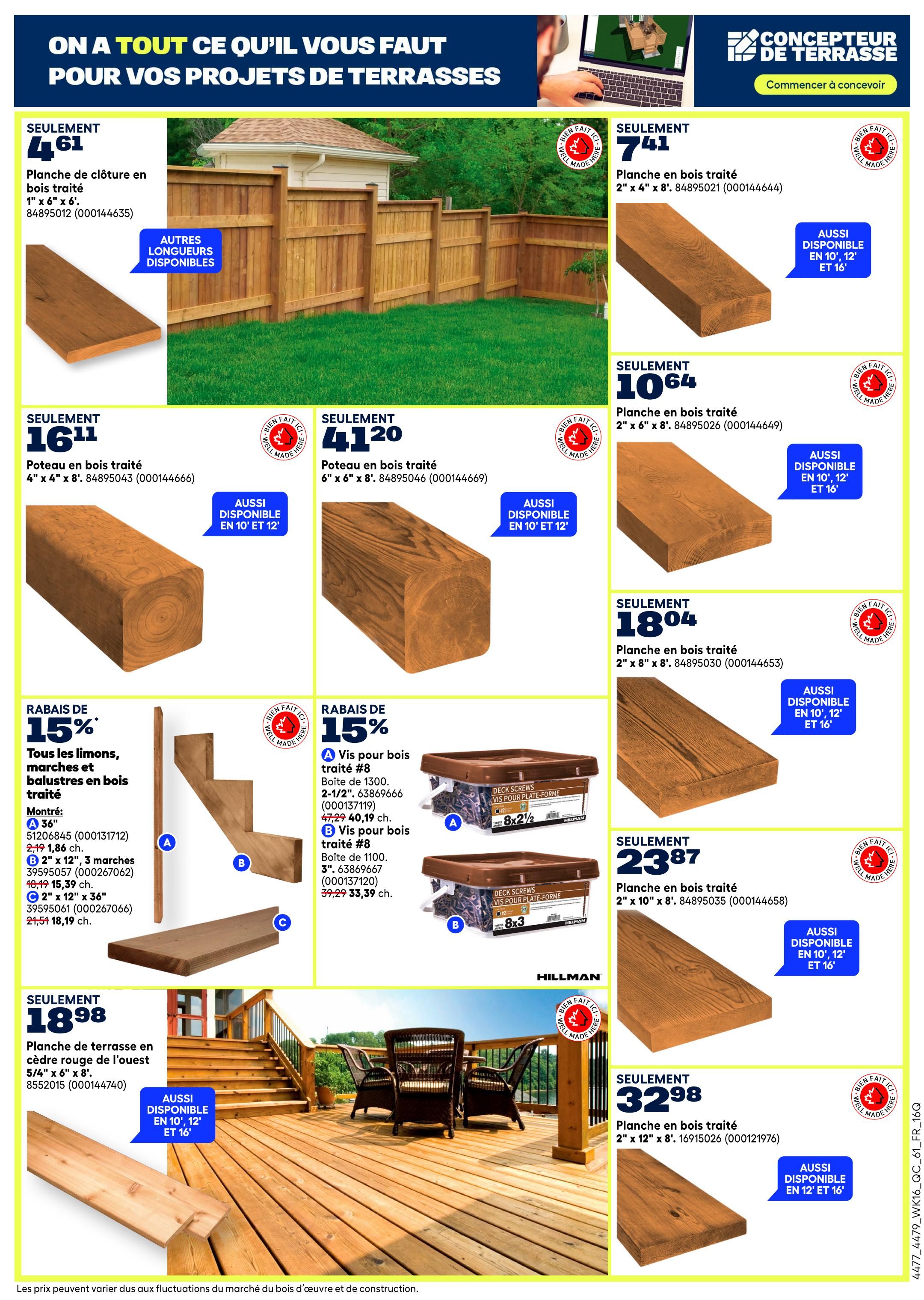 Rona flyer page featuring lumber and deck building supplies for your projects. Top banner reads 'We have everything you need for your deck projects'. Products include: Pressure-treated fence board 1' x 6' x 6' for only $4.61; pressure-treated posts 4' x 4' x 8' for $16.11 and 6' x 6' x 8' for $41.20. Pressure-treated deck boards are available in 2' x 4' x 8' for $7.41, 2' x 6' x 8' for $10.64, 2' x 8' x 8' for $18.98, 2' x 10' x 8' for $23.87, and 2' x 12' x 8' for $32.98. All boards are available in 10', 12', and 16' lengths. Save 15% on all stringers, stair treads, and balusters in treated wood. Includes 36' stringers for $2.19, 2' x 12' x 3' stair treads for $10.19, and 2' x 12' x 36' stair treads for $21.51. Also, save 15% on deck screws: #8 screws, 2-1/2' box of 1300 for $47.29, and #8 screws, 3' box of 1100 for $39.29. A special offer on Western Red Cedar deck boards 5/6' x 6' x 8' is $18.98. Prices may vary due to market fluctuations in-stock fluctuations of lumber and construction materials.