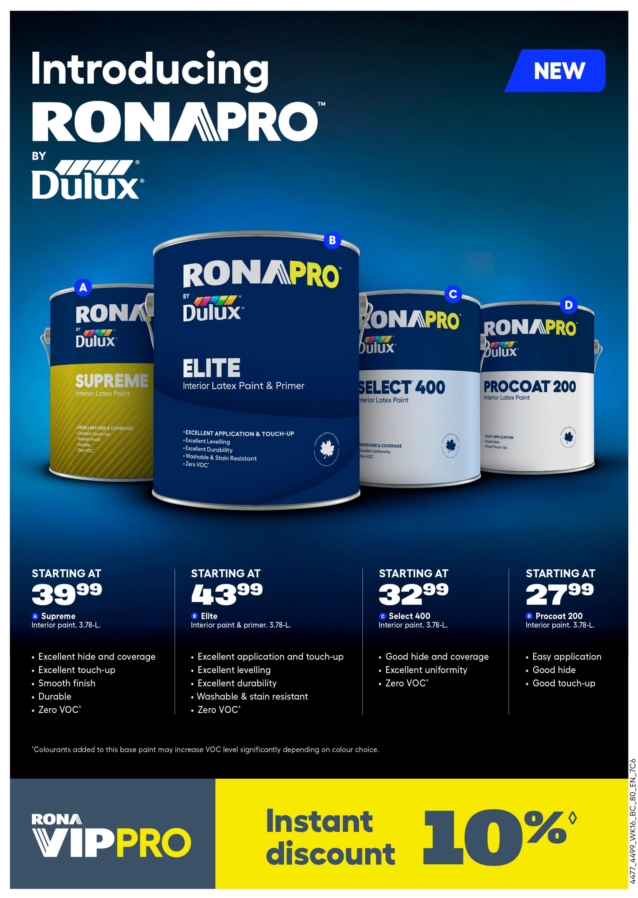 Introducing RONA PRO by Dulux, featuring new interior latex paints. Options include Supreme Interior Latex Paint starting at $39.99, Elite Interior Latex Paint & Primer starting at $43.99, Select 400 Interior Latex Paint starting at $32.99, and Procoat 200 Interior Paint starting at $27.99. Each paint offers excellent hide and coverage, smooth finish, durability, and zero VOCs, with specific benefits listed for each type. A 'Rona VIPPRO' section highlights an 'Instant discount' of 10%.