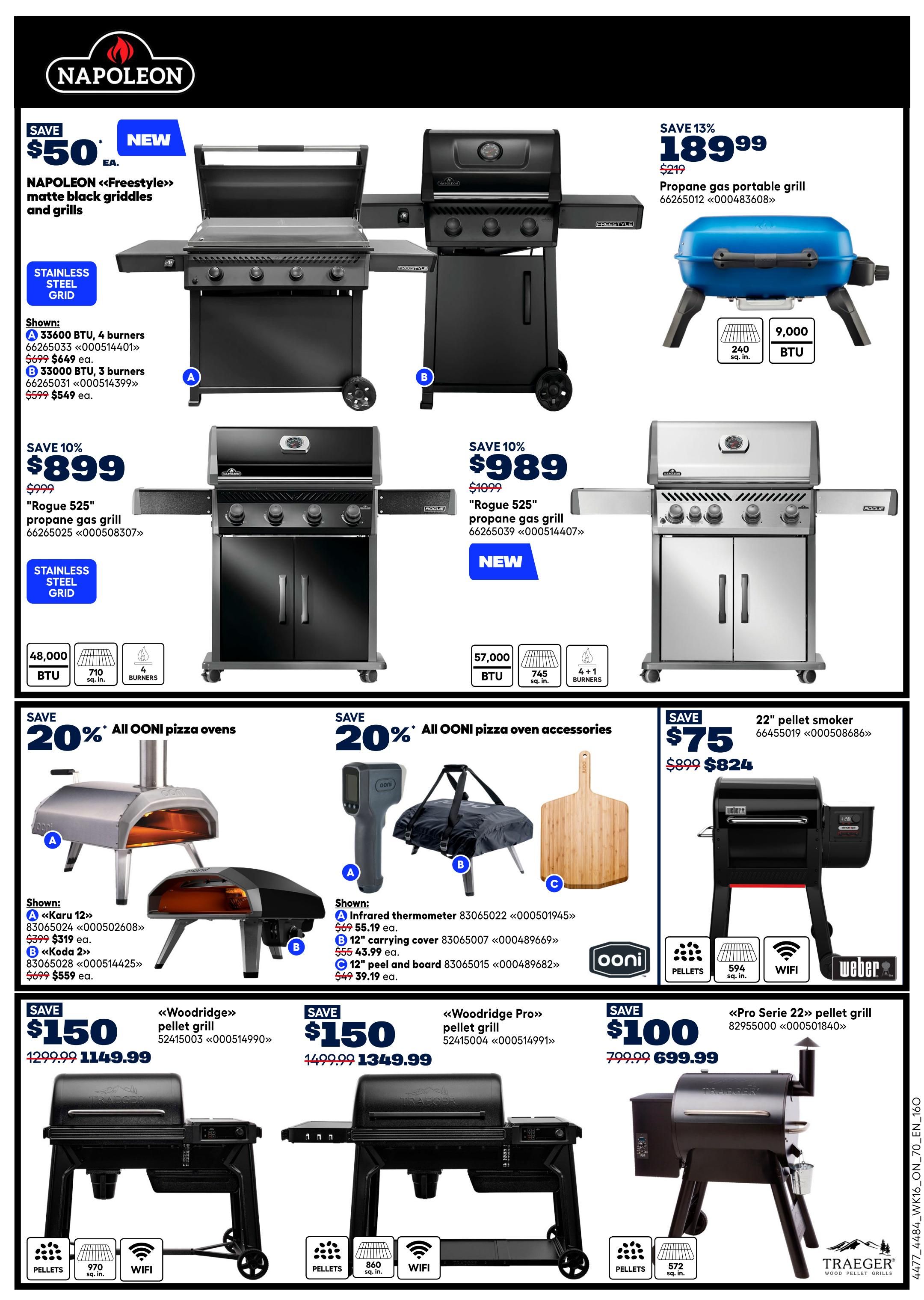Page 14 of the Rona flyer features a selection of Napoleon grills and smokers. Save $50 on Napoleon 'Freestyle' matte black griddles and grills, with options for 33600 BTU, 4 burners for $649, or 33000 BTU, 3 burners for $549. Save 10% on the Napoleon 'Rogue 525' propane gas grill for $899 (originally $999) and the 'Rogue 525' propane gas grill in stainless steel for $989 (originally $1099). Also featured is a propane gas portable grill for $189.99 (save 13%, originally $219). Save 20% on Ooni pizza ovens, with the 'Karu 12' oven for $319 (originally $399) and the 'Koda 2' oven for $559 (originally $699). Ooni pizza oven accessories include an infrared thermometer for $55 (originally $69), a 12' carrying cover for $43.99 (originally $55), and a 12' peel and board for $39.19 (originally $49). Save $75 on a 22' pellet smoker for $824 (originally $899). Featured Traeger pellet grills include the 'Woodridge' pellet grill for $1149.99 (save $150, originally $1299.99) and the 'Woodridge Pro' pellet grill for $1349.99 (save $150, originally $1499.99). A 'Pro Serie 22' pellet grill is on sale for $699.99 (save $100, originally $799.99).