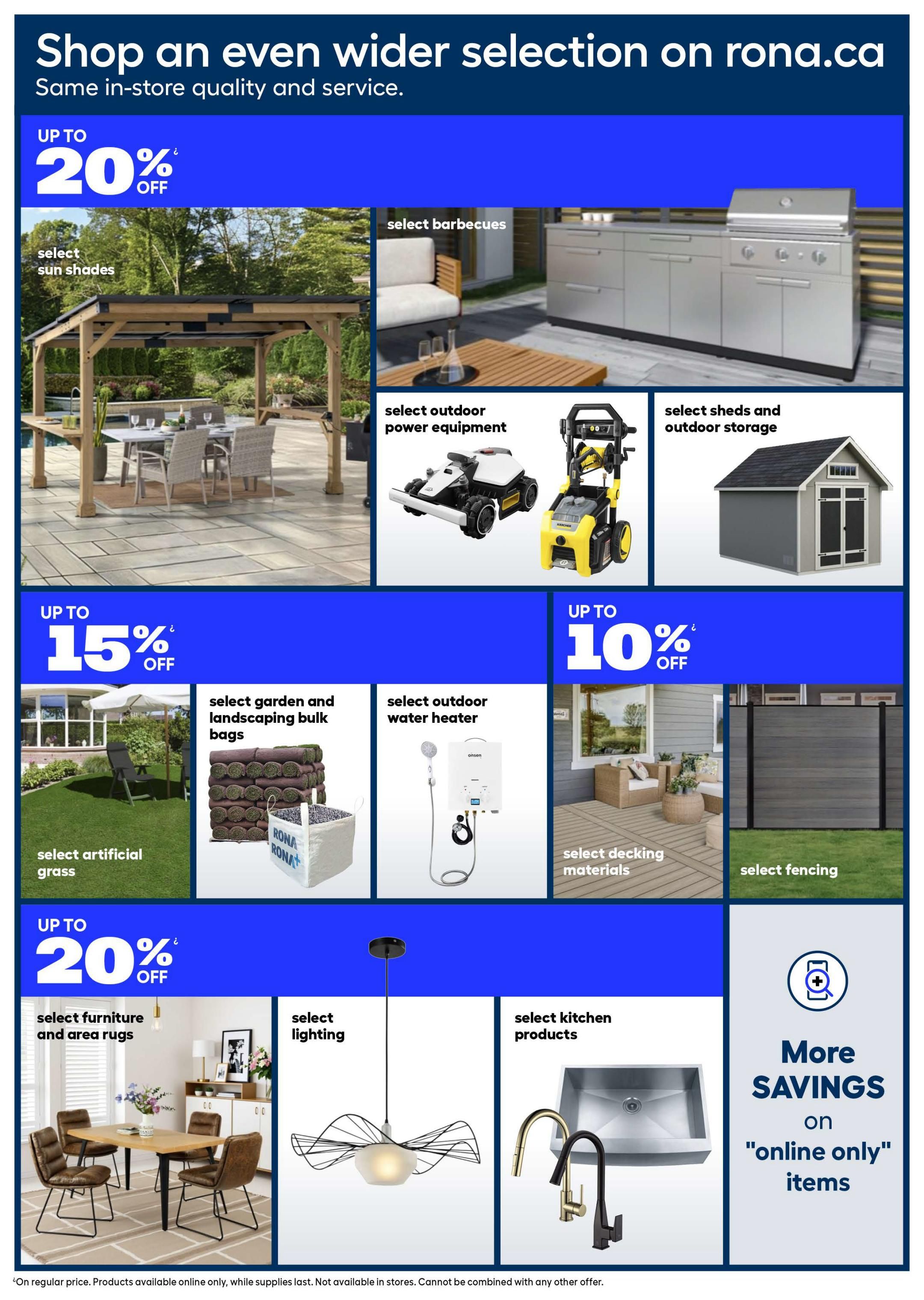 Rona flyer page 25 featuring 'Shop an even wider selection on rona.ca' with 'Same in-store quality and service.' Up to 20% off select sun shades, select barbecues, select outdoor power equipment, and select sheds and outdoor storage. Also, up to 15% off select artificial grass, select garden and landscaping bulk bags, and select outdoor water heaters. Additionally, up to 10% off select decking materials and select fencing. Finally, up to 20% off select furniture and area rugs, select lighting, and select kitchen products. The page also highlights 'More SAVINGS on 'online only' items.' Note: Offers are on regular price, available online only while supplies last, and cannot be combined with any other offer.