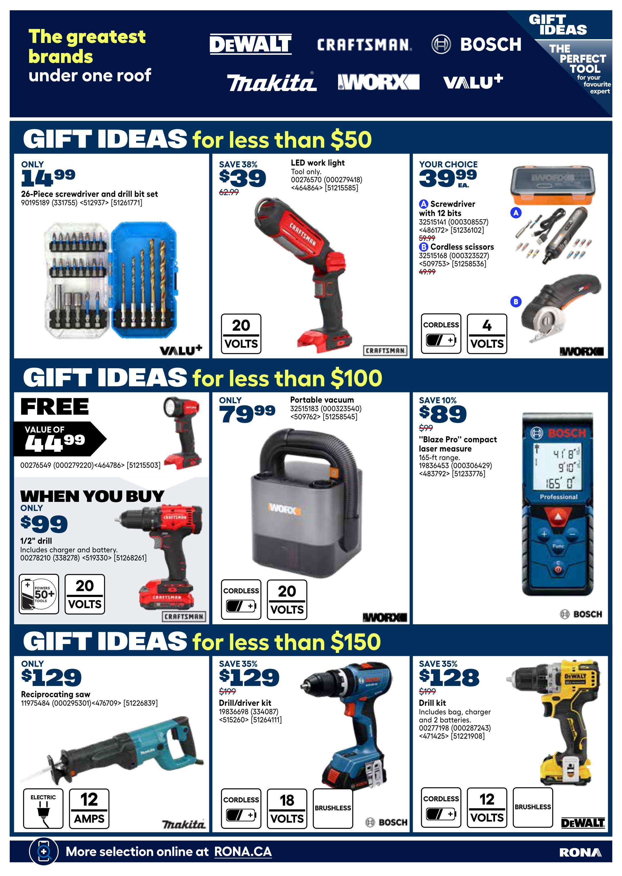 Rona Ontario flyer page 29 features gift ideas for tools. Top section: A 26-piece screwdriver and drill bit set is only $14.99. A Craftsman LED work light is on sale for $39 (save 38%, originally $62.99). Your choice of a Worx screwdriver with 12 bits for $39.99 or Worx cordless scissors for $49.99. Middle section: Get a free value of $44.99 when you buy a 1/2' drill with charger and battery for $99. A portable vacuum is only $79.99. Save 10% on a Bosch 'Blaze Pro' compact laser measure for $89 (originally $99), with a 165-ft range. Bottom section: A Makita reciprocating saw is $129. Save 35% on a Bosch drill/driver kit for $129 (originally $199), includes bag, charger, and 2 batteries. A DeWalt drill kit is $128 (save 35%, originally $199). More selection online at RONA.CA.