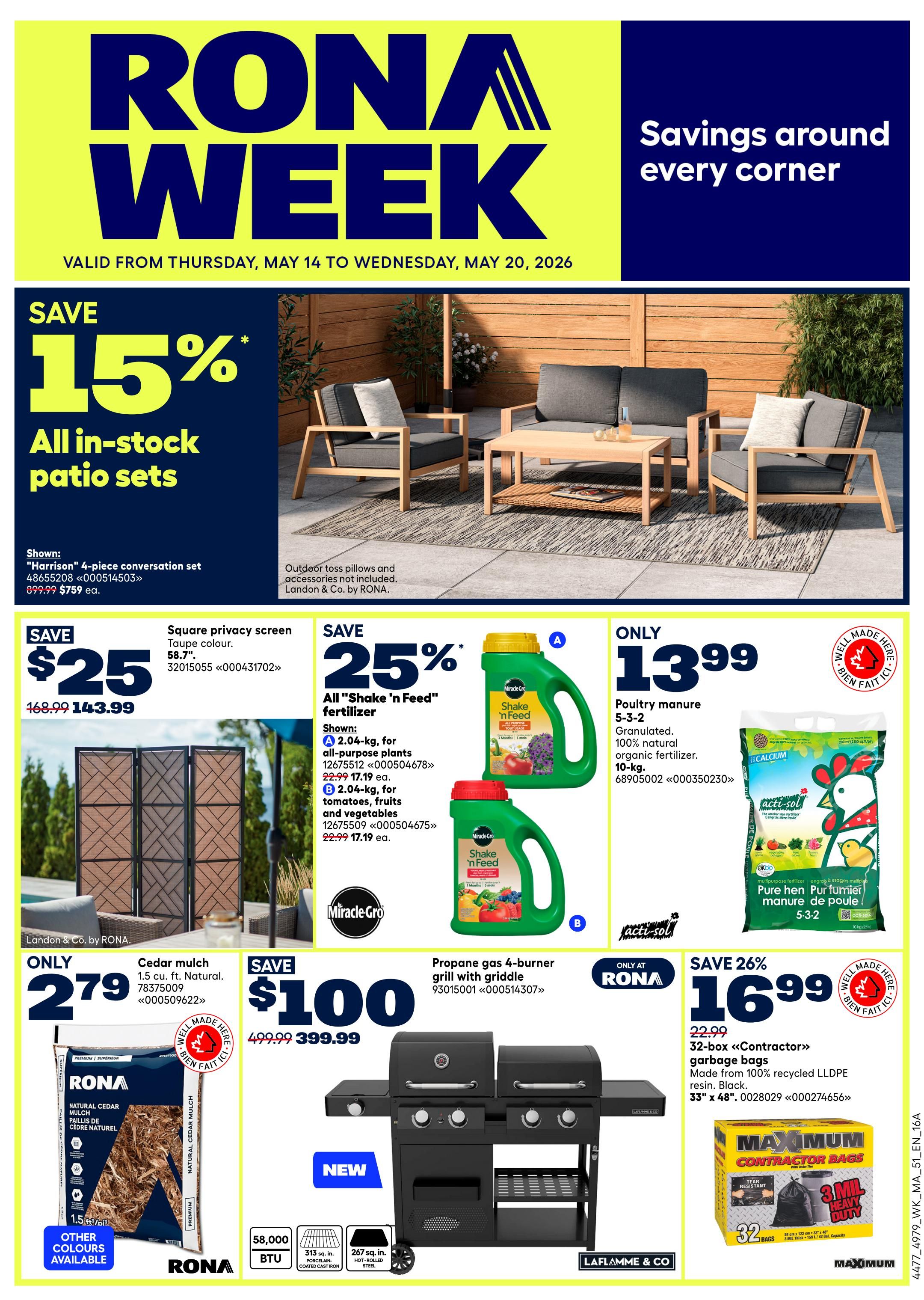 Rona flyer special: Buy More Save More offer valid online only on Saturday and Sunday, May 16 and 17, 2026. Save $50 with a purchase of $300+, save $100 with a purchase of $500+, and save $150 with a purchase of $750+. Offer applies to regular-priced items before tax. Certain conditions and exclusions apply. Discount automatically applied to the cart.