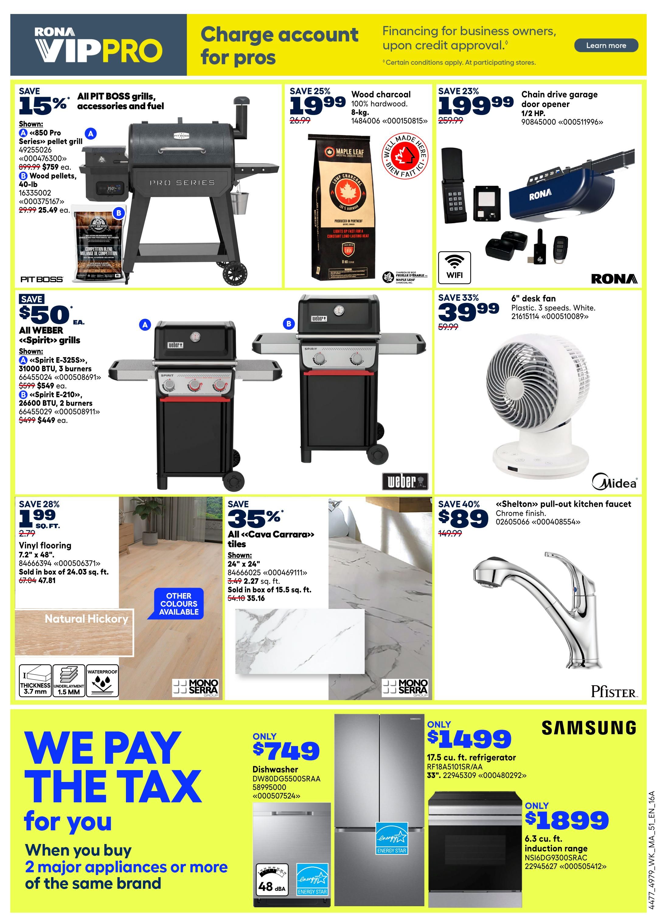 Rona flyer page 5 featuring various deals. Save 15% on all Pit Boss grills, accessories, and fuel, including the '850 Pro Series' pellet grill for $759 and 40-lb wood pellets for $25.49. Save 25% on 8-kg 100% hardwood wood charcoal for $19.99. Save 23% on a chain drive garage door opener (1/2 HP) for $199.99. Save $50 on all Weber 'Spirit' grills, with the 'Spirit E-325S' (3 burners) at $549 and the 'Spirit E-210' (2 burners) at $449. Save 33% on a 6' desk fan (plastic, 3 speeds, white) for $39.99. Save 28% on vinyl flooring (7.2' x 48') sold in boxes of 24.03 sq. ft. for $47.81. Save 35% on all 'Cava Carrara' tiles, with 24' x 24' tiles sold in boxes of 15.5 sq. ft. for $35.16. Save 40% on a 'Shelton' pull-out kitchen faucet (chrome finish) for $89. This page also highlights a 'We Pay The Tax' promotion when you buy 2 major appliances or more of the same brand. Featured appliances include a Samsung dishwasher (DW80DG5500SRAA) for $749 and a Samsung 17.5 cu. ft. refrigerator (RF18A5101SR/AA) for $1499. Also shown is a 6.3 cu. ft. induction range (NS16DG9300SRAC) for $1899.