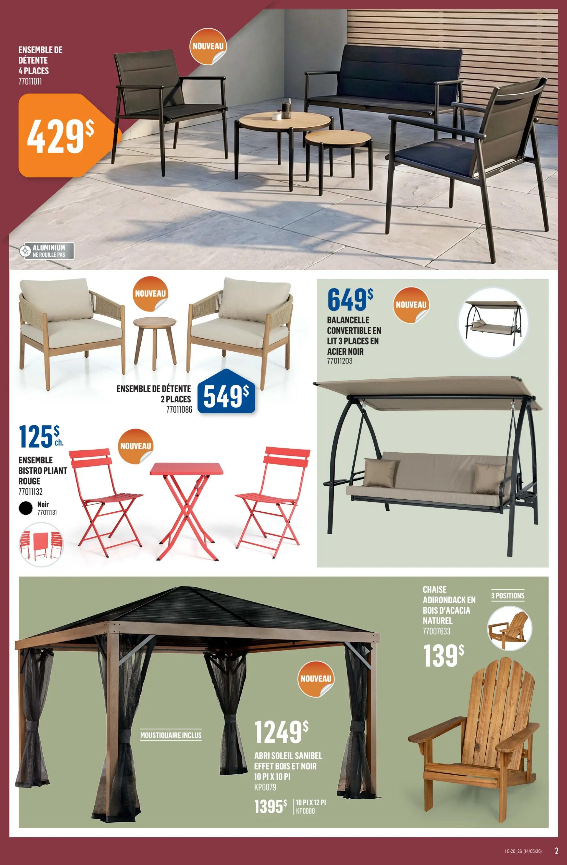 Canac weekly flyer specials page 2 features outdoor furniture. A 4-piece 'Ensemble de détente' (Relaxation set) is $429. A 2-place 'Ensemble de détente' (Relaxation set) is $549. A red 'Ensemble bistro pliant' (Folding bistro set) is $125 each, also available in black. A convertible swing with a bed function for 3 people in black steel is $649. A 'Abri soleil Sanibel' (Sanibel sun shelter) with wood effect and black finish, 10 ft x 10 ft, is $1249, and a 10 ft x 12 ft size is $1395. An Adirondack chair made of natural acacia wood with 3 positions is $139. All items are marked as 'Nouveau' (New).