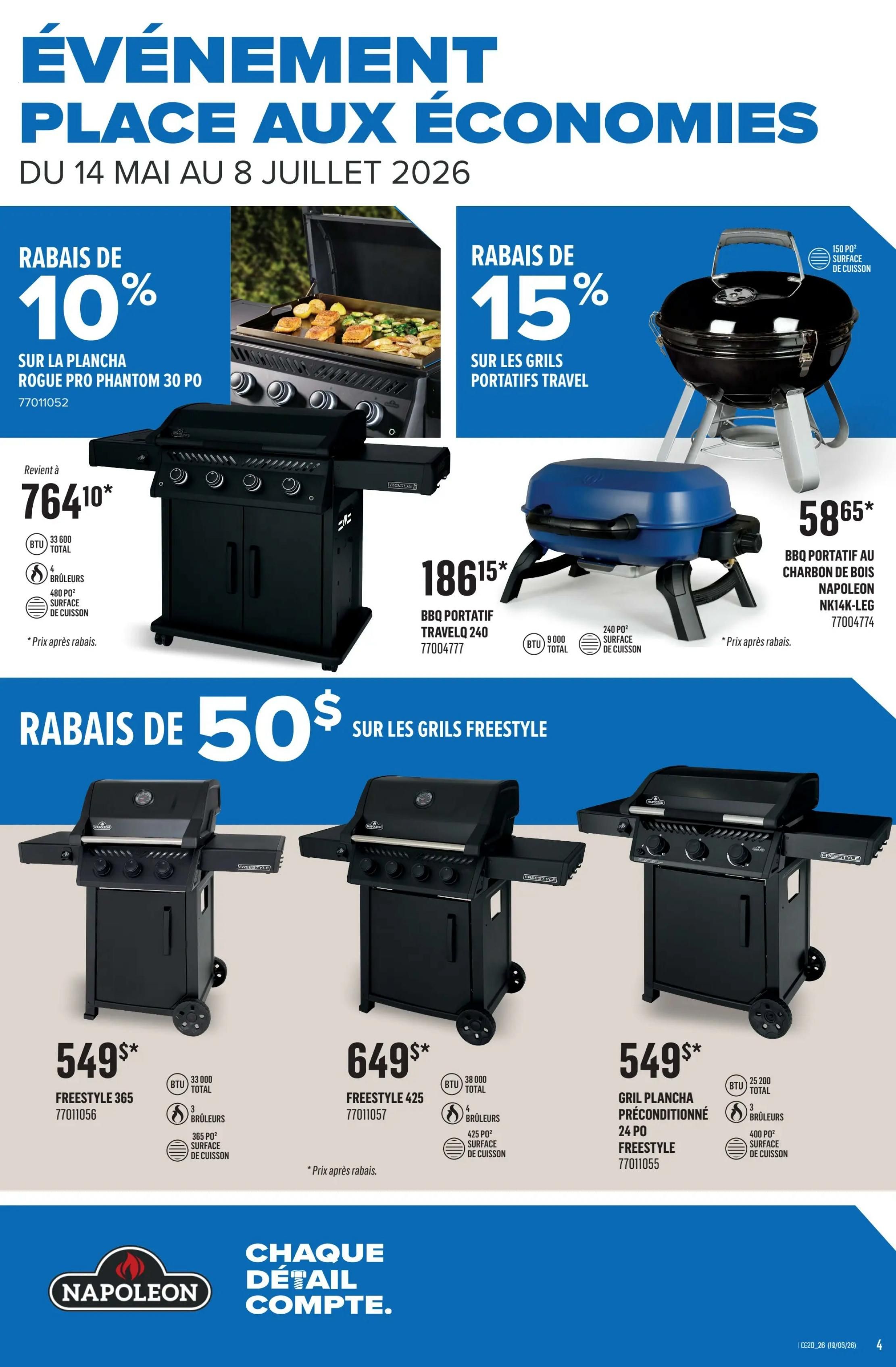 Canac weekly flyer specials, page 4. Featuring a 'Savings Event' from May 14 to July 8, 2026. Get 10% off the Rogue Pro Phantom 30 PO griddle, now $764.10, with 33,000 BTU total and 4 burners. Also, get 15% off Travel portable grills, including the TravelQ 240 portable BBQ for $186.15, with 9,000 BTU total and 240 sq. ft. cooking surface. A Napoleon NK14K-LEG charcoal BBQ is on sale for $58.65. Save $50 on Freestyle grills. The Freestyle 365 grill is $549, with 33,000 BTU total, 3 burners, and 365 sq. ft. cooking surface. The Freestyle 425 grill is $649, with 38,000 BTU total, 4 burners, and 425 sq. ft. cooking surface. The Freestyle 24' pre-conditioned griddle is $549, with 25,200 BTU total, 3 burners, and 400 sq. ft. cooking surface. All prices shown are after discounts.