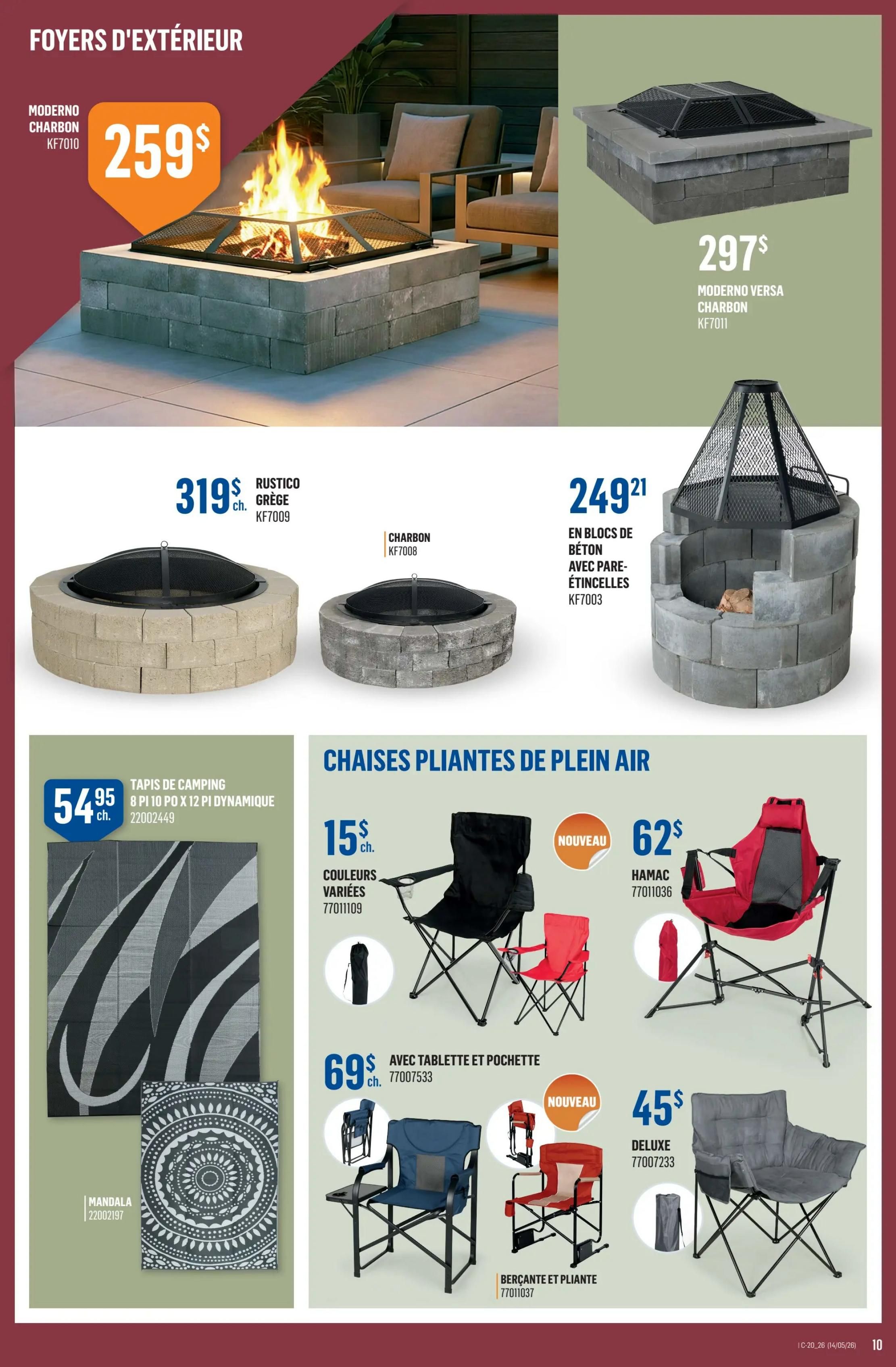 Canac weekly flyer specials page 10 features outdoor fireplaces and folding chairs. The Moderno Charcoal fireplace (KF7010) is priced at $259. The Rustico Grey fireplace (KF7009) is $319. The Charcoal fireplace (KF7008) is also shown. A large concrete block fireplace with spark screen (KF7003) is $249.21. The Moderno Versa Charcoal fireplace (KF7011) is $297. On the right side, camping mats are featured, including an 8 ft x 10 ft dynamic mat for $54.95, and a Mandala patterned mat. Folding chairs are also on sale: a black folding chair in various colours (77011109) is $15, a new red hammock (77011036) is $62, a folding chair with a tablet and pocket (77007533) is $69, a new orange and red folding chair/cot (77011037) is shown, and a grey Deluxe folding chair (77007233) is $45.