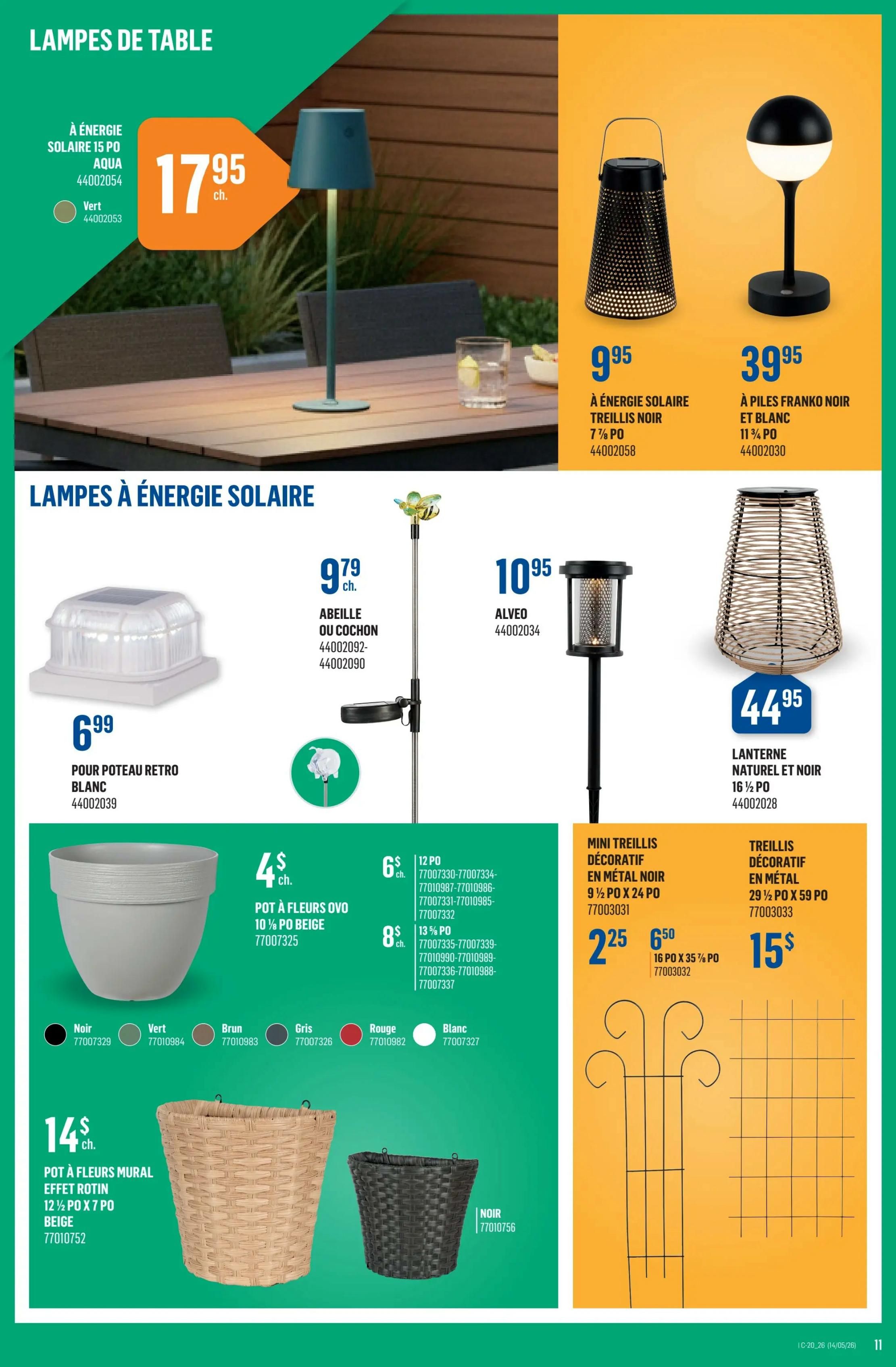 Canac flyer page 11 features a variety of lamps and garden accessories. Top section showcases table lamps: a solar-powered aqua lamp for $17.95, a solar trellis lamp in black for $9.95, and a Franko Noir & Blanc battery-powered lamp for $39.95. Below, solar-powered garden lights include a white retro post cap light for $6.99, a bee or pig solar light for $9.79, and an Alveo solar light for $10.95. Also featured is a natural and black woven lantern for $44.95. Garden pots and planters include an Ovo pot in beige for $4, available in black, green, brown, grey, red, and white. A wall-mounted rotin effect planter in beige is $14, with a black option also available. Decorative metal trellises are on sale: a mini trellis (9 1/2' x 24') for $2.25 and a larger trellis (29 1/2' x 59') for $15.