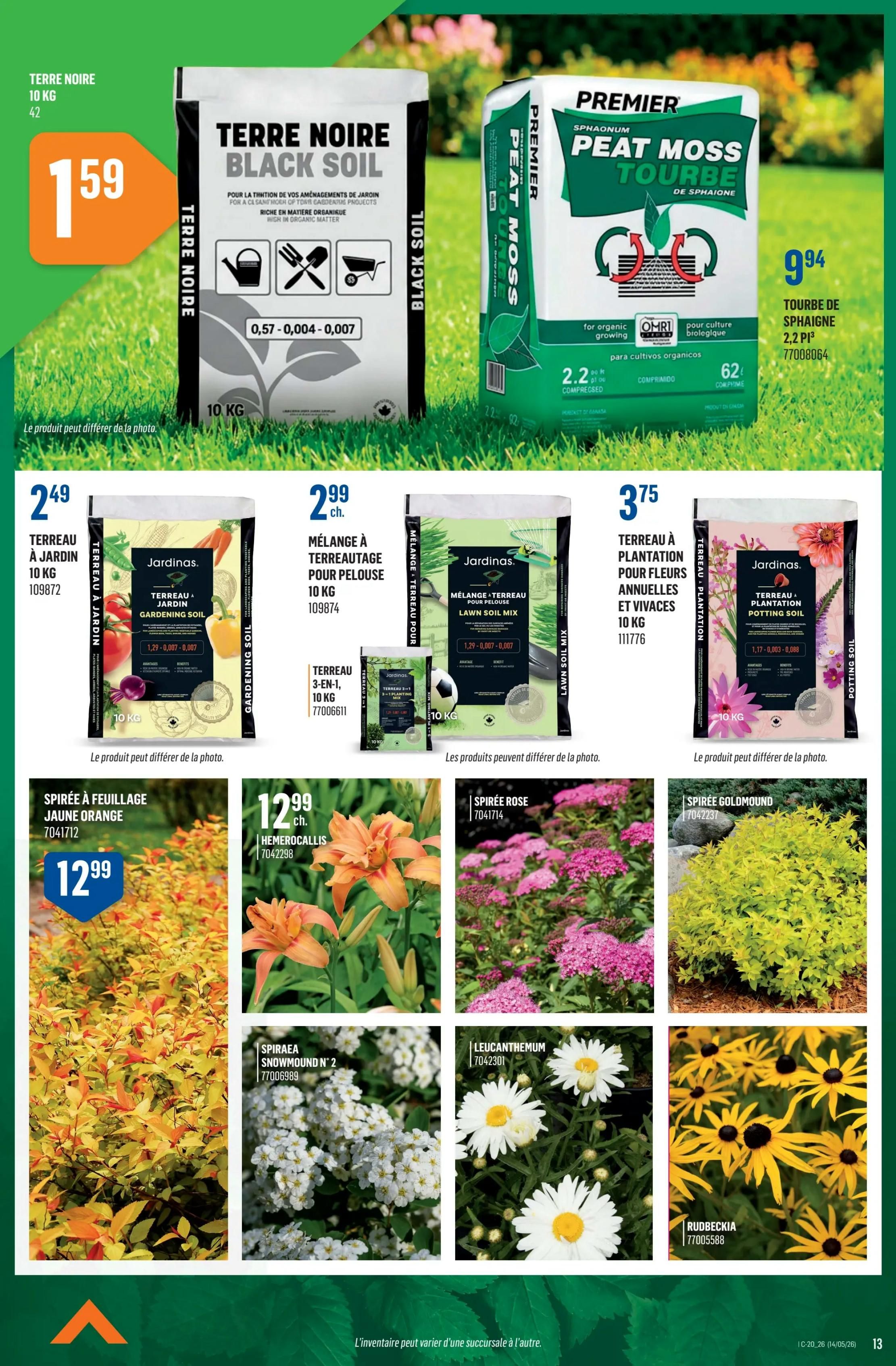 Canac weekly flyer specials page 13 features gardening supplies and plants. Top row includes 10 kg Black Soil for $1.59, Premier Peat Moss (Sphagnum) 2.2 pi3 compressed for $9.94. Middle row showcases various soils: 10 kg Jardin Gardening Soil for $2.49, 10 kg Melange a Terreautage Pour Pelouse Lawn Soil Mix for $2.99, and 10 kg Terreau a Plantation Pour Fleurs Annuelles Et Vivaces Potting Soil for $3.75. Bottom row displays plants: Spiree a Feuillage Jaune Orange for $12.99, Hemerocallis for $12.99, Spiraea Rose for $12.99, Spiree Goldmound for $12.99, Spiraea Snowmound N°2 for $12.99, Leucanthemum for $12.99, and Rudbeckia for $12.99.