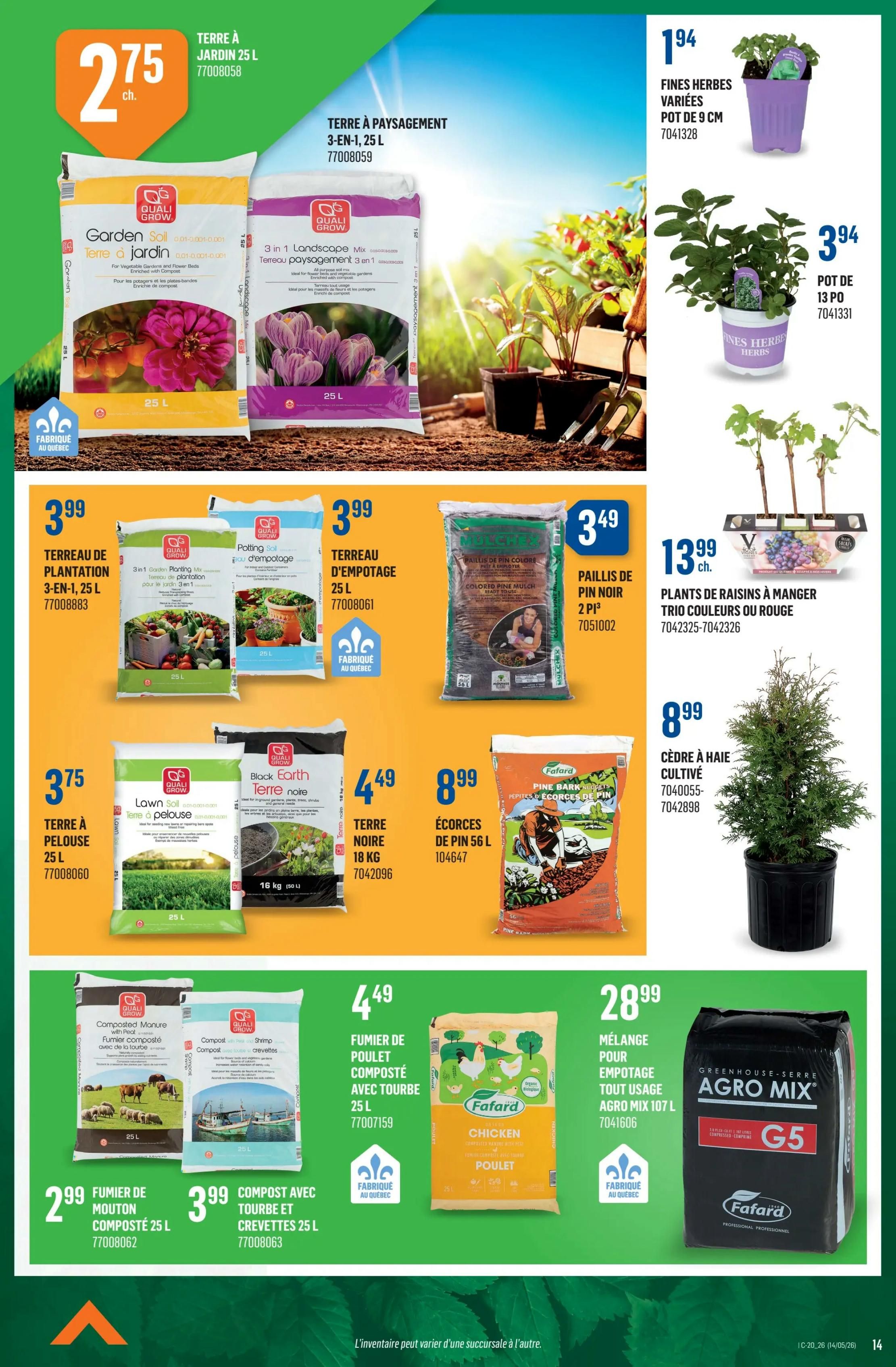 Canac weekly flyer specials page 14 features garden and landscaping products. Top row includes Quali Grow Garden Soil 25 L for $2.75 and Quali Grow 3-in-1 Landscape Mix 25 L for $2.75. Also available are Fines Herbes Variés in a 9 cm pot for $1.94 and a 13 cm pot of herbs for $3.94. Middle row offers Quali Grow 3-in-1 Garden Planting Mix 25 L for $3.99, Potting Soil 25 L for $3.99, and Mulchtex Black Pine Mulch 2 bags for $3.49. Other items include Quali Grow Lawn Soil 25 L for $3.75, Black Earth Soil 16 kg for $4.49, and Pine Bark Mulch 56 L for $8.99. Bottom row features Quali Grow Composted Sheep Manure 25 L for $2.99, Compost with Shrimp 25 L for $3.99, Fafard Chicken Manure Compost 25 L for $4.49, and Agro Mix Potting Mix 107 L for $28.99. A Trio of coloured or red grape plants is available for $13.99, and a cultivated hedge cedar is priced at $8.99.