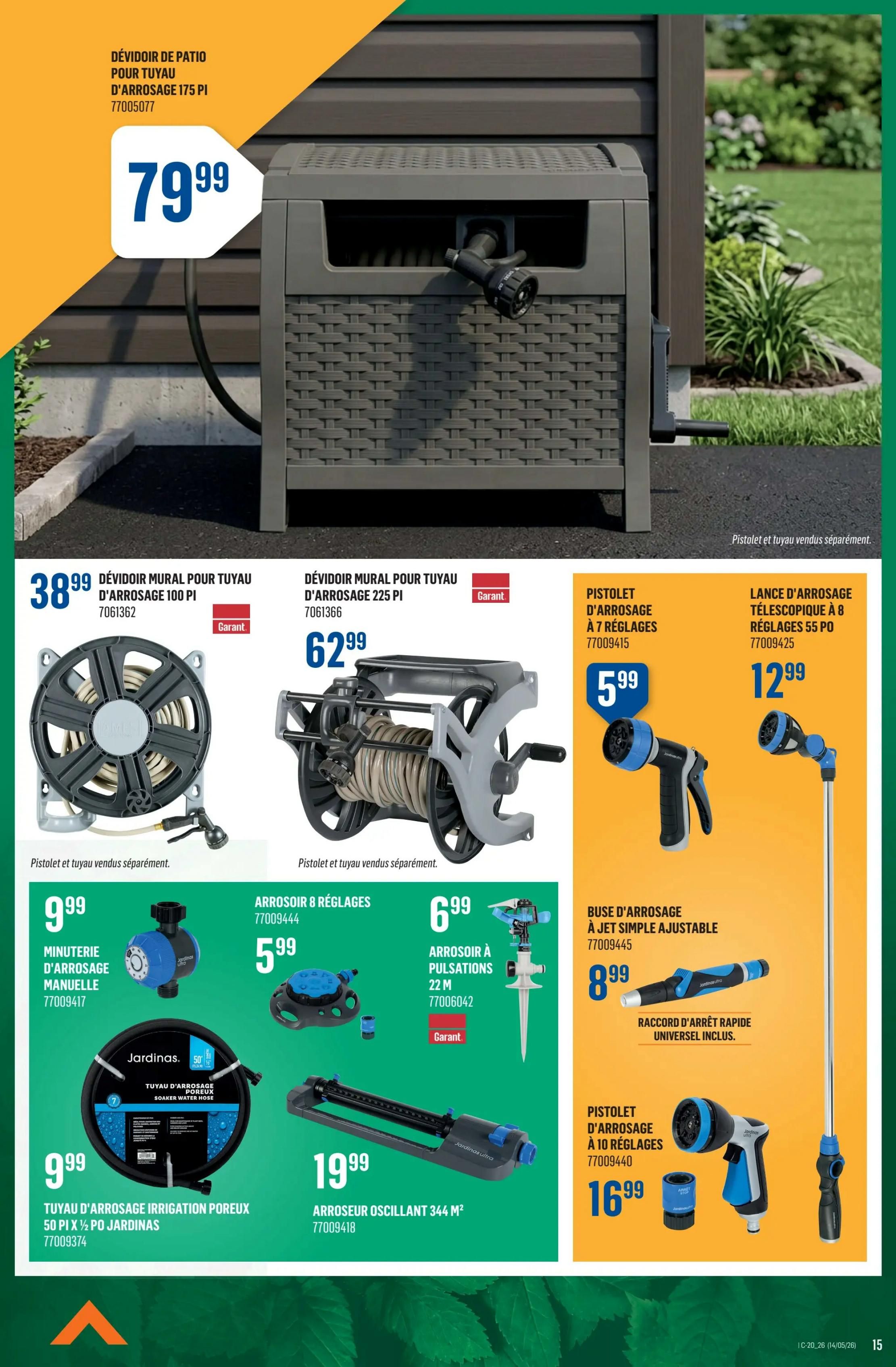 Canac weekly flyer specials page 15 features a large patio hose reel for $79.99. Also available are a 100 ft wall-mount hose reel for $38.99 and a 225 ft wall-mount hose reel for $62.99. Other items include a 7-setting spray gun for $5.99, an 8-setting telescopic spray wand for $12.99, a manual hose timer for $9.99, an 8-setting impulse sprinkler for $6.99, a 22m pulse sprinkler for $6.99, a 50 ft soaker water hose for $9.99, and a 344 sq m oscillating sprinkler for $19.99. Additionally, a jet spray adjustable hose nozzle with quick connect is $8.99, and a 10-setting spray gun is $16.99. Note that pistols and hoses are sold separately for some items.