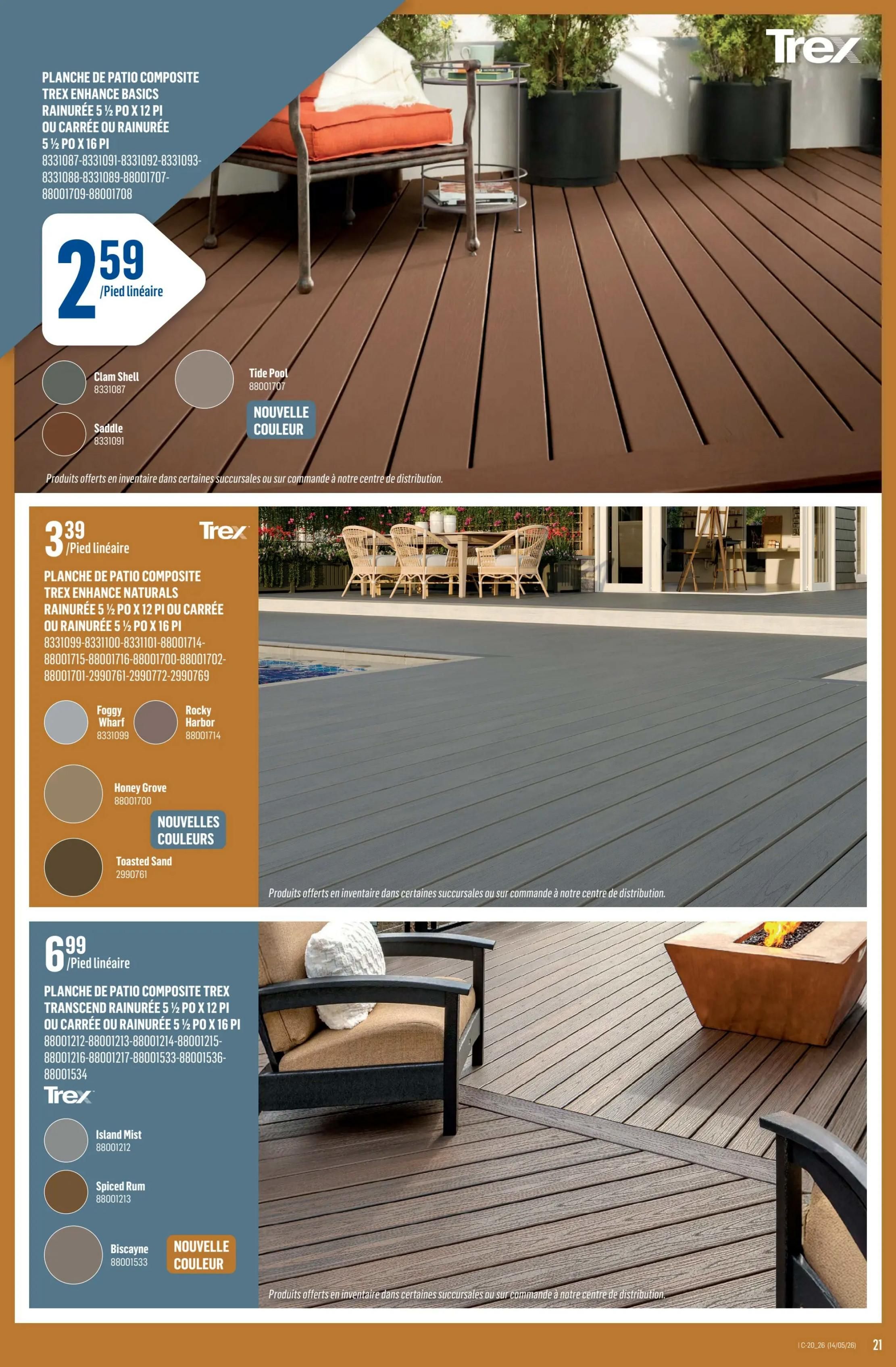 Canac weekly flyer specials page 21 features Trex composite decking. Top section: Trex Enhance Basics grooved or square 5 1/2' x 10' or 5 1/2' x 16' decking is $2.59 per linear foot, available in Clam Shell, Saddle, and Tide Pool colours. Middle section: Trex Enhance Naturals grooved or square 5 1/2' x 12' or 5 1/2' x 16' decking is $3.39 per linear foot, available in Foggy Wharf, Rocky Harbor, Honey Grove, and Toasted Sand colours. Bottom section: Trex Transcend grooved or square 5 1/2' x 12' or 5 1/2' x 16' decking is $6.99 per linear foot, available in Island Mist, Spiced Rum, and Biscayne colours.