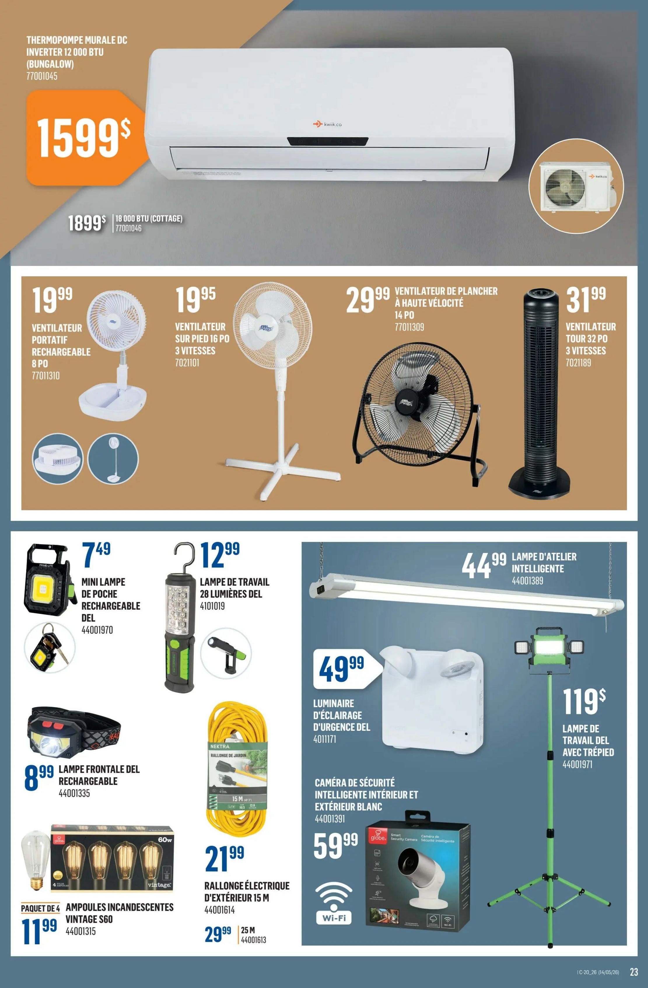 Canac weekly flyer specials page 23 features a selection of home comfort and lighting products. Highlighted is a Kwik.ca 12,000 BTU DC Inverter Wall Mount Heat Pump for $1599, with a 18,000 BTU Cottage model available for $1899. Also on sale are various fans: a portable rechargeable 8-inch fan for $19.99, a 16-inch pedestal fan with 3 speeds for $19.95, and a 14-inch high-velocity floor fan for $29.99. A 32-inch tower fan is priced at $31.99. Lighting options include a DEL mini pocket rechargeable flashlight for $7.49, a 28-light DEL work lamp for $12.99, a rechargeable DEL headlamp for $8.99, and a pack of 4 vintage S60 incandescent bulbs for $11.99. Extension cords are also featured: a 15m electric extension cord for $21.99 and a 25m cord for $29.99. Additionally, there's a DEL emergency lighting fixture for $49.99, a smart indoor/outdoor Wi-Fi security camera for $59.99, and a work lamp with a tripod for $119.