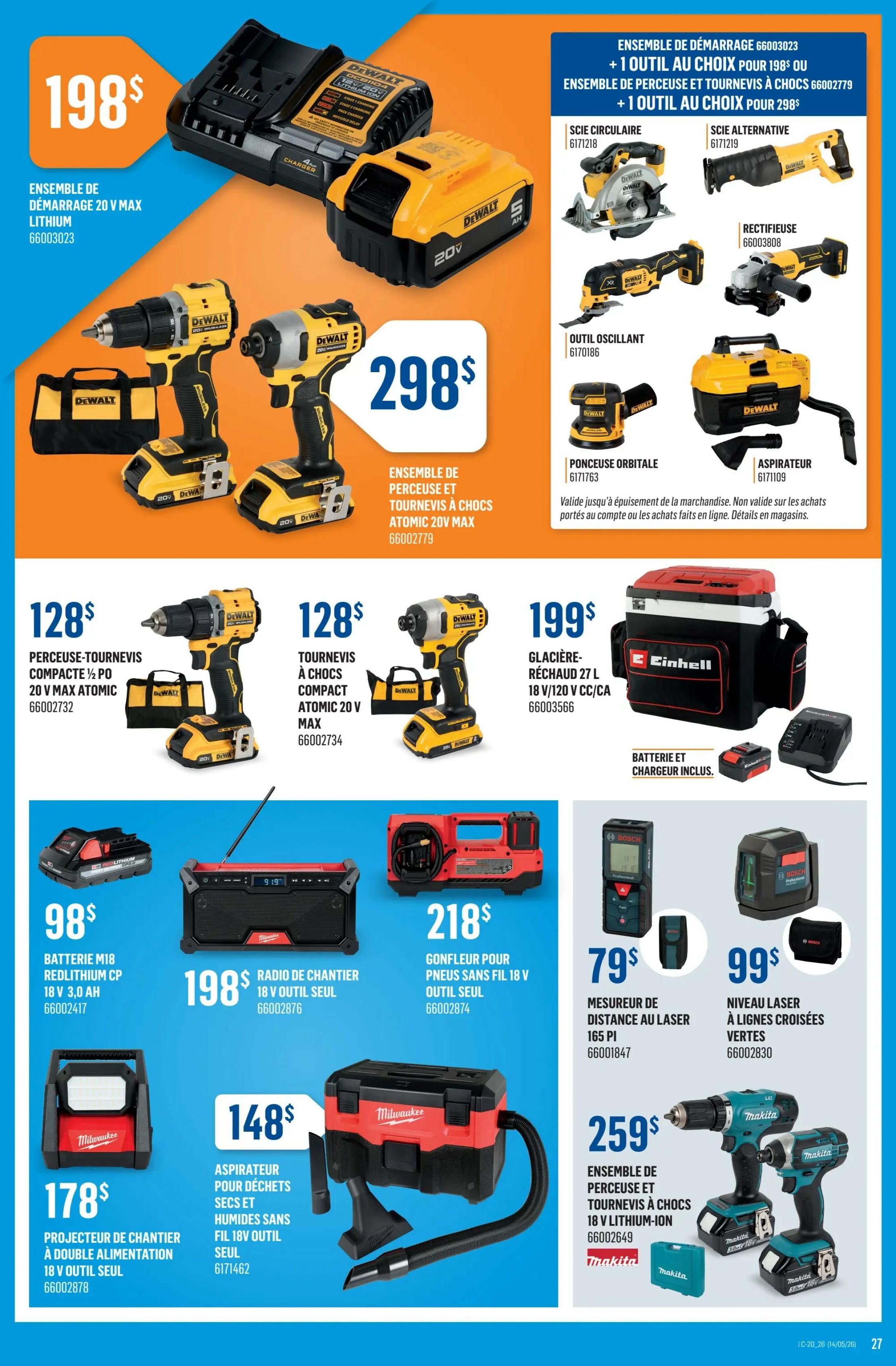 Canac weekly flyer specials page 27 features a variety of power tools and equipment. Highlighted are a DeWalt 20V MAX Lithium starter kit for $198, and a DeWalt 20V MAX Atomic drill and impact driver combo for $298. Other DeWalt tools include a circular saw for $198, a reciprocating saw for $198, an oscillating tool for $198, and a sander for $198, all with the option of adding one tool. Also available are a DeWalt 20V MAX Atomic compact 1/2' drill/driver for $128 and a DeWalt 20V MAX Atomic compact impact driver for $128. The flyer also showcases a Milwaukee M18 RedLithium CP 18V 3.0 Ah battery for $98, an 18V cordless jobsite radio for $198, and an 18V cordless jobsite projector light for $178. A Milwaukee wet/dry shop vacuum is priced at $148. For larger items, there's an Einhell 27 L 18V/120V AC/DC cooler/heater for $199, including battery and charger. Additionally, a Bosch laser distance measurer is $79, and a green cross-line laser level is $99. Finally, a Makita 18V Lithium-Ion drill and impact driver combo set is available for $259.