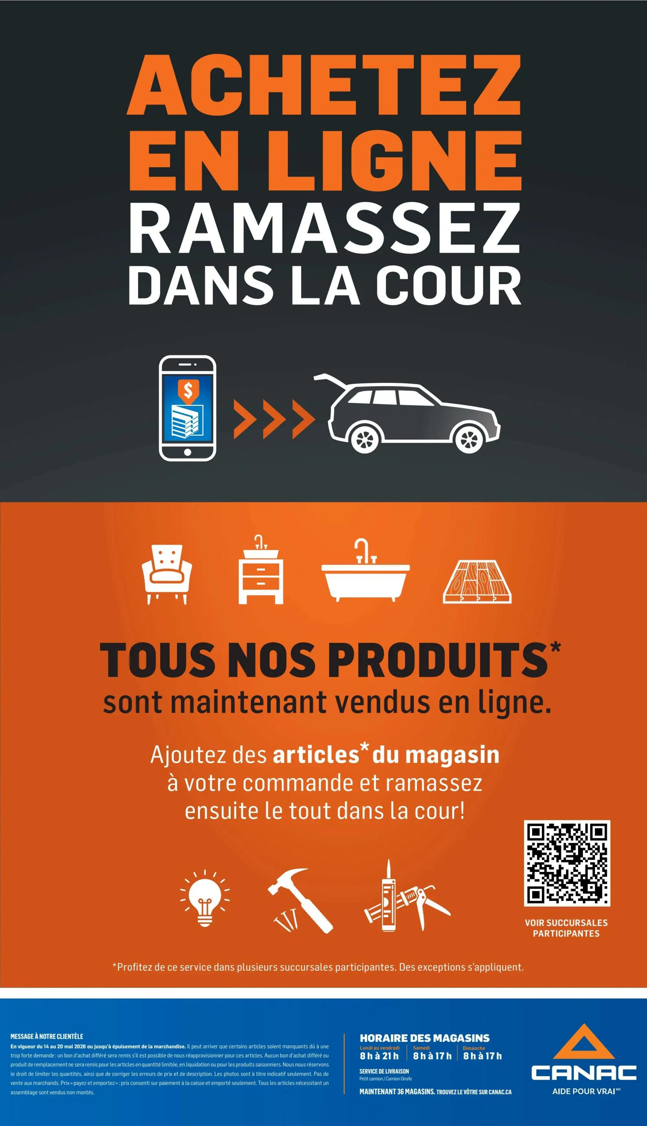Canac flyer page 29: Buy online, pick up in the yard. This page highlights Canac's online shopping service where customers can add items to their order and pick them up at the store. Icons represent furniture, bathroom fixtures, and flooring. Tools like a lightbulb, hammer, and caulking gun are also shown. The text 'All our products are now sold online' and 'Add items from the store to your order and then pick up everything in the yard!' is displayed. A QR code is provided to view participating stores. Store hours are Monday to Friday 8 AM to 9 PM, Saturday 8 AM to 5 PM, and Sunday 8 AM to 5 PM. Delivery service is available for small trucks/light trucks. Maintenace for 36 stores. Find your store at Canac.ca. A customer message regarding stock availability and pricing is also included.