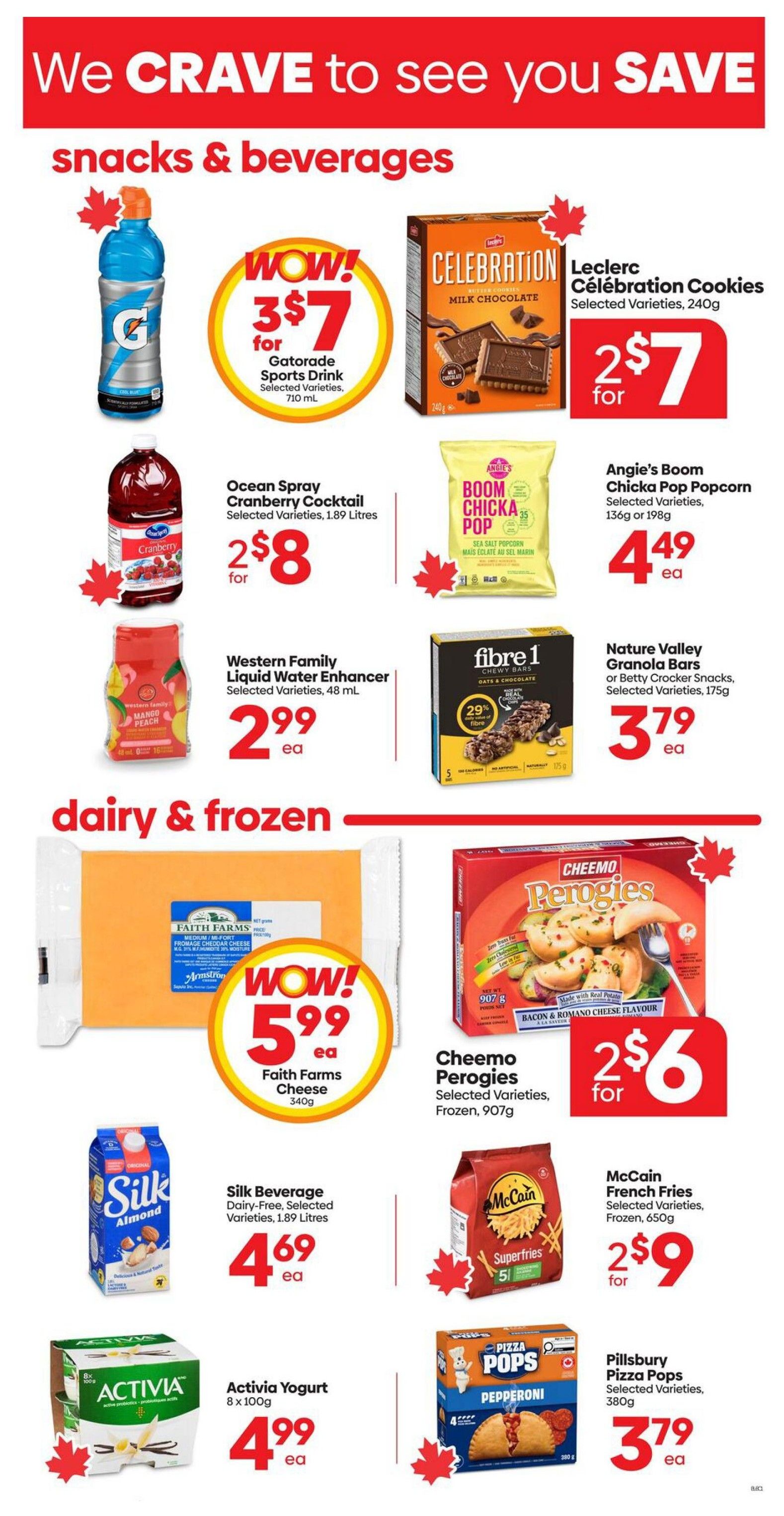 Buy-Low Foods weekly flyer specials page 9 features snacks and beverages including Gatorade sports drink 710 mL for 3 for $7, Leclerc Celebration Cookies 240g for 2 for $7, Ocean Spray Cranberry Cocktail 1.89 Litres for 2 for $8, Angie's Boom Chicka Pop Popcorn 136g or 198g for $4.49 each, Western Family Liquid Water Enhancer 48 mL for $2.99 each, Fibre 1 Chewy Bars 5x35g for $3.79 each, and Nature Valley Granola Bars or Betty Crocker Snacks 175g for $3.79 each. Dairy and frozen items include Faith Farms Cheese 340g for $5.99 each, Cheemo Perogies 907g for 2 for $6, Silk Beverage Dairy-Free Almond 1.89 Litres for $4.69 each, McCain French Fries Superfries 650g for 2 for $9, Activia Yogurt 8 x 100g for $4.99 each, and Pillsbury Pizza Pops 380g for $3.79 each.