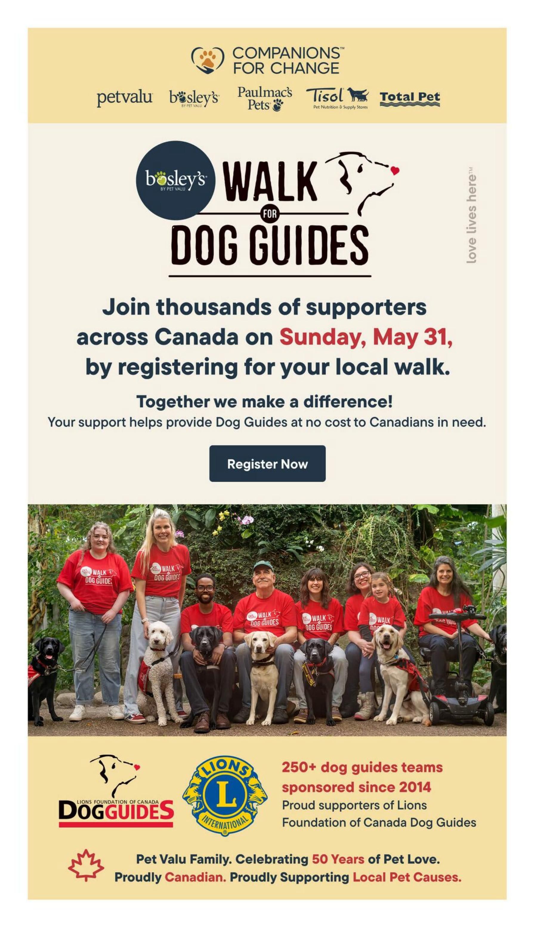 Bosley's 'Walk for Dog Guides' event page. Join thousands of supporters across Canada on Sunday, May 31, by registering for your local walk. Together we make a difference! Your support helps provide Dog Guides at no cost to Canadians in need. Register Now button. A group of volunteers and their dogs, all wearing 'Walk for Dog Guides' t-shirts, are featured. Below, the Lions Foundation of Canada Dog Guides logo is displayed, noting 250+ dog guides teams sponsored since 2014 and proud support of Lions Foundation of Canada Dog Guides. The Pet Valu Family celebrates 50 Years of Pet Love, proudly Canadian and supporting local pet causes.